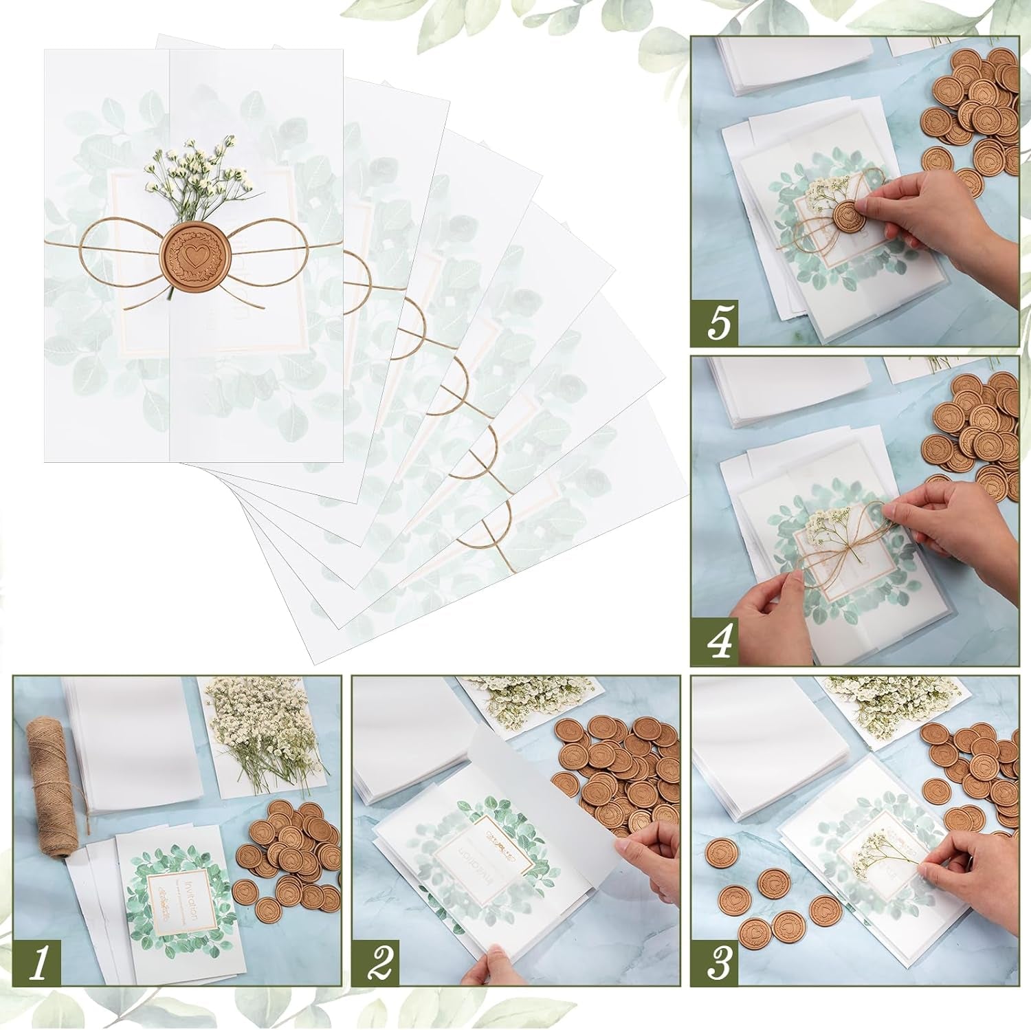 50 Sets Wedding Invitations Wraps Set Include Pre Folded Vellum Jackets for 5 X 7 Inch Invitations Mini Dried Flowers Gold Wax Seal Stickers for Wedding Birthday Bridal Baby Shower Craft DIY