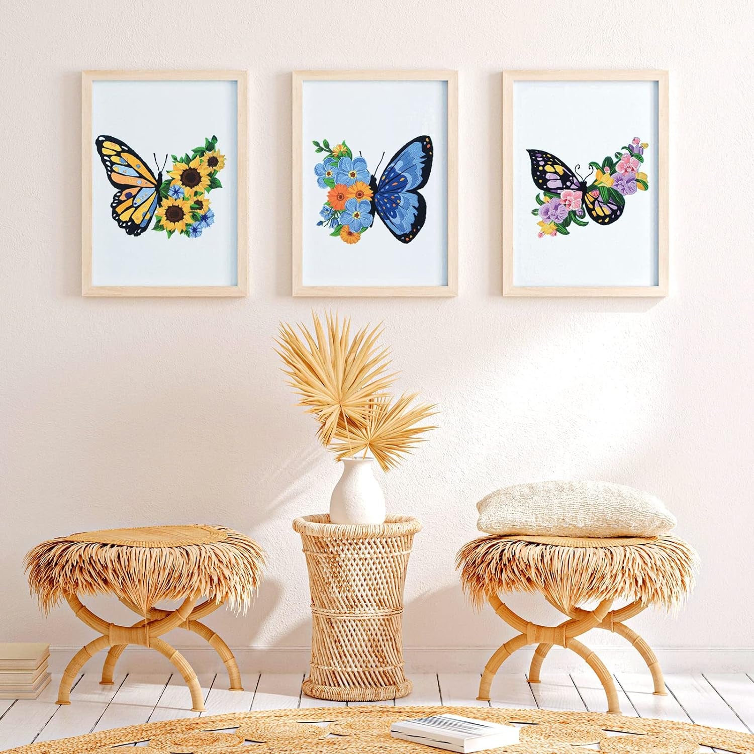 5 Sets Embroidery Beginners Kit with Butterfly Flower Patterns and Instructions Cross Stitch Kits for Starter DIY Adult Kids Butterfly Pattern Embroidery Set with Cloth Hoops Needles Threads