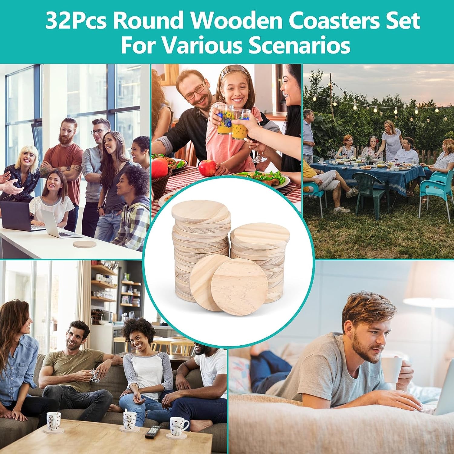 32Pcs Unfinished Wood Coasters, 4" round Wooden Coasters with Non-Slip Dot Sticker for Drinks, 9Mm Thick Blank Wood Coasters Bulk for DIY Crafts Supplies Adults Beginners