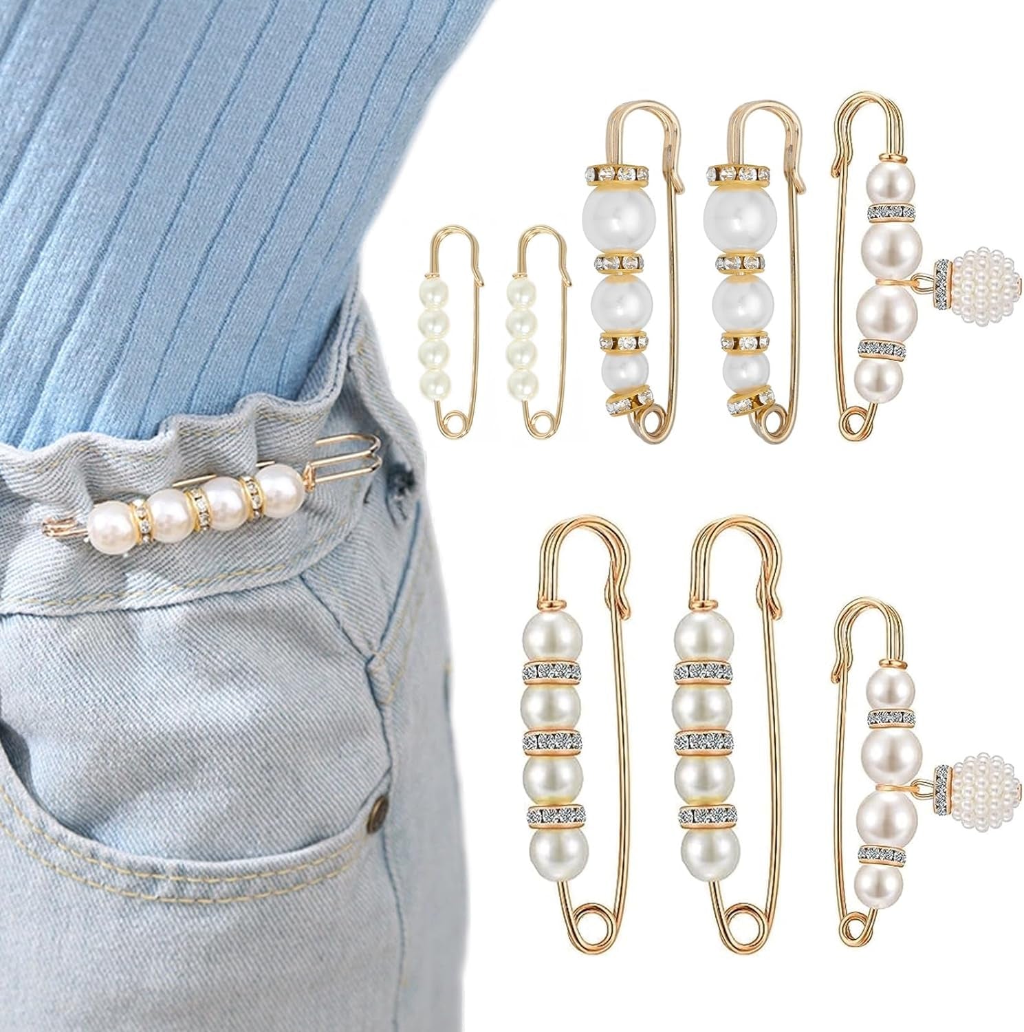 8 Pcs Pearl Brooch Pins,Safety Pins for Clothing Dress Pants Skirt Cardigan Collar，Faux Pearl Rhinestones Brooches for Women Girls Pants Extender Safety Pins