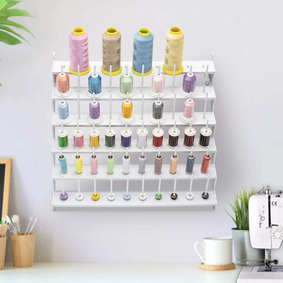 Thread Rack for 60 Spools or 30 Cones, Wall Mounted Large Thread Holder with Long Pegs, Bright White Plastic Thread Stand for Embroidery Serger Sewing Thread Storage and Hair Braiding