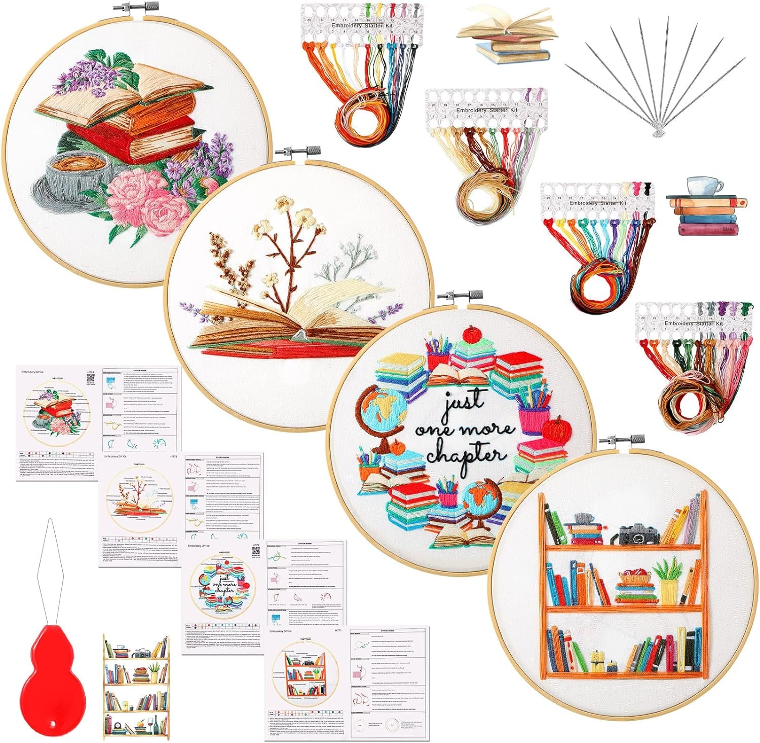 4 Set Embroidery Kits for Adults Beginner Evil Eye Cross Embroidery Kits with Patterns Instructions Embroidery Hoops Needles Colored Threads Needle Detector for Adult DIY