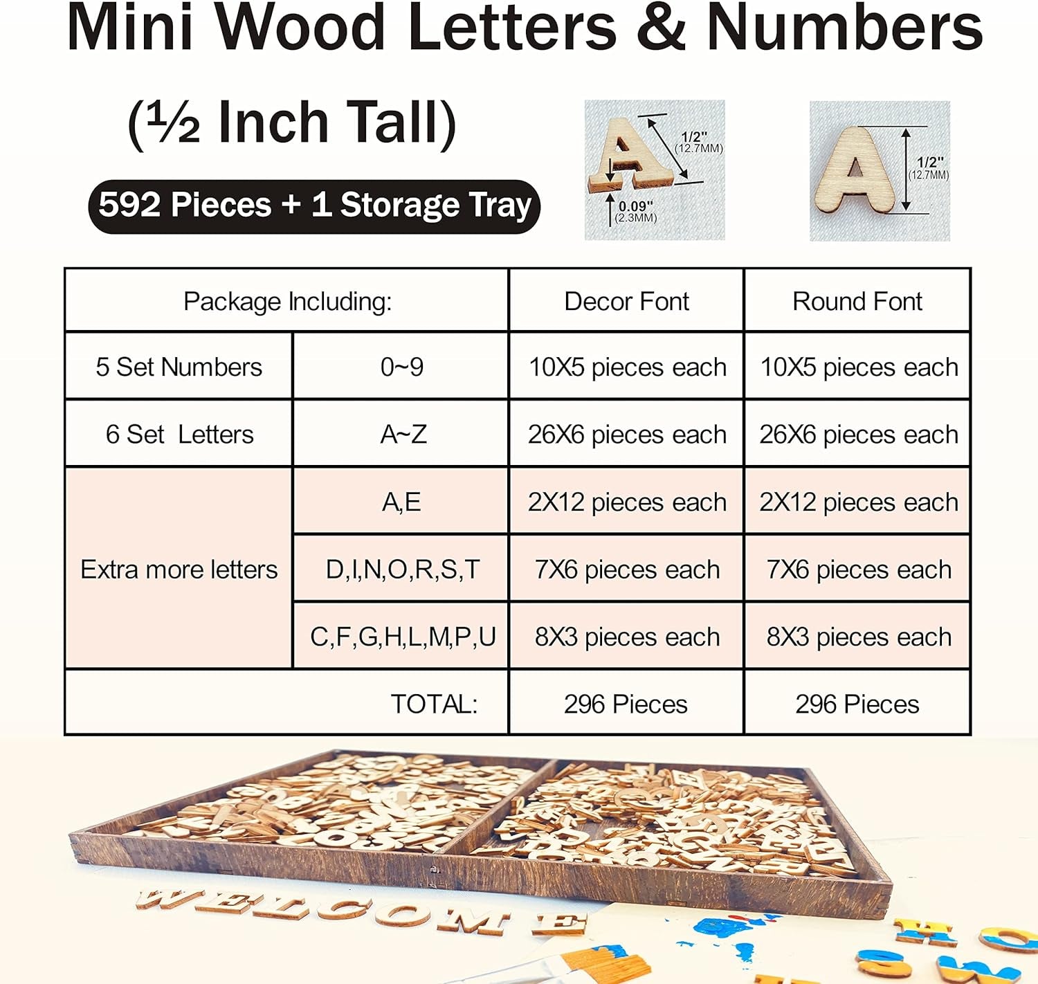 592 Pieces 1/2 Inch Mini Wooden Alphabet Letters and Unfinished Wood Numbers with Rustic Storage Tray for Scrapbooking DIY Crafts Homemade Gifts