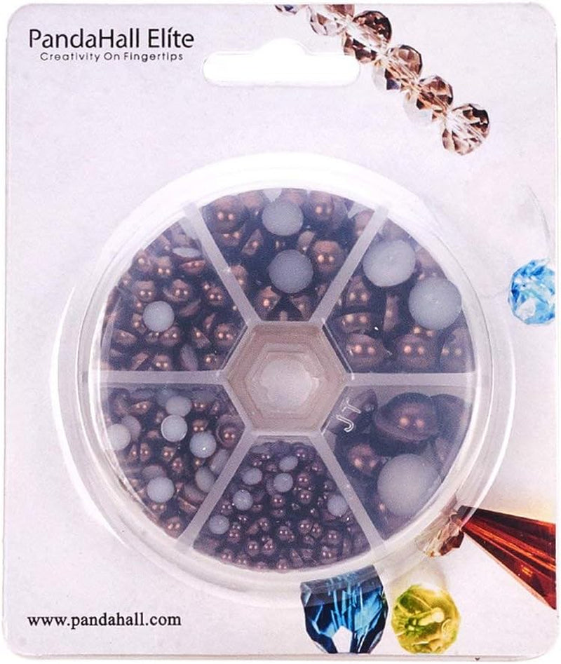 690Pcs Half round Pearl Beads 6 Sizes Flat Back Pearl Cabochon Faux Pearl Beads for DIY Scrapbook Phone Case Wedding Decor Hair Accessory Nail Art, Coconut Brown, 4/5/6/8/10/12Mm