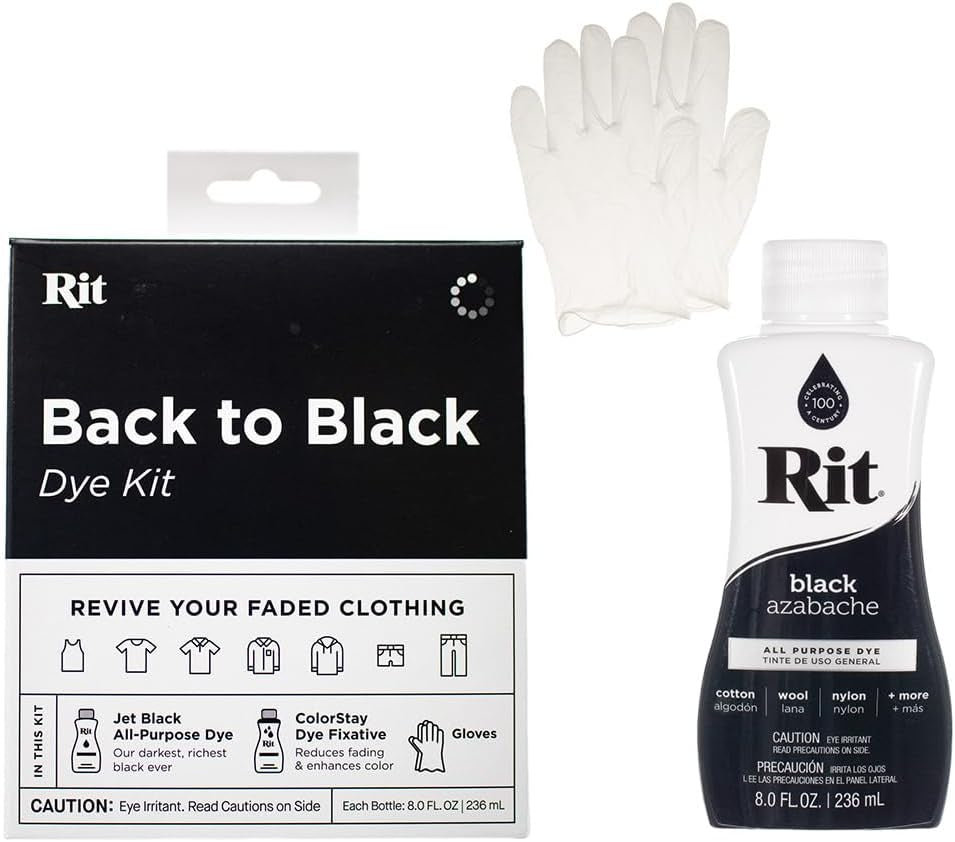 Rit Dye Back to Black Bundle – Includes Standard Back to Black Kit + 8 Oz. Black Rit Dye Liquid & Additional Plastic Gloves