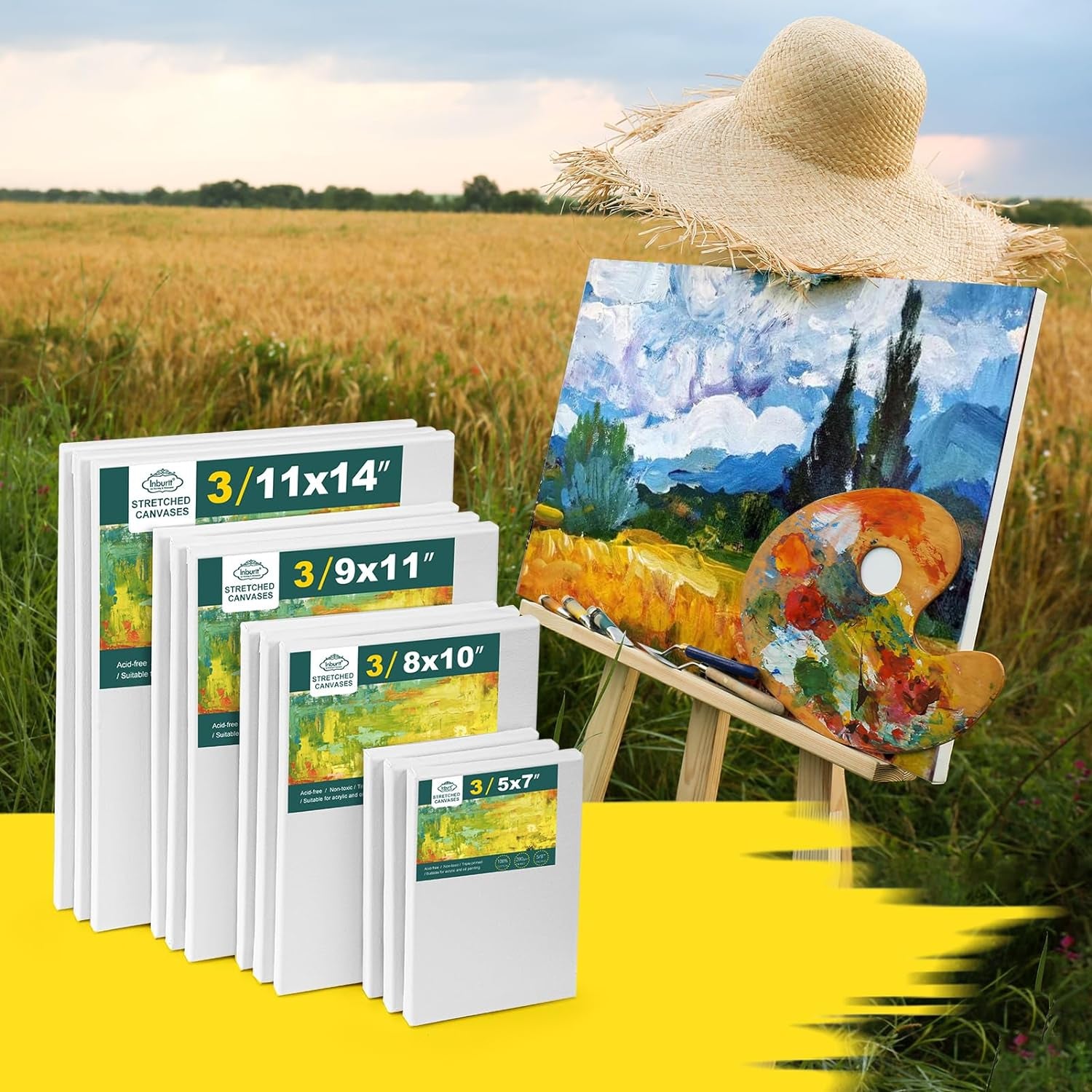 12 Pack Stretched Canvases for Painting with 11X14, 9 X12, 8X10, 5X7(3 of Each), Blank Primed Canvas for Oil, Acrylic & Others, Multi Size Set for Artist, Student and Beginners