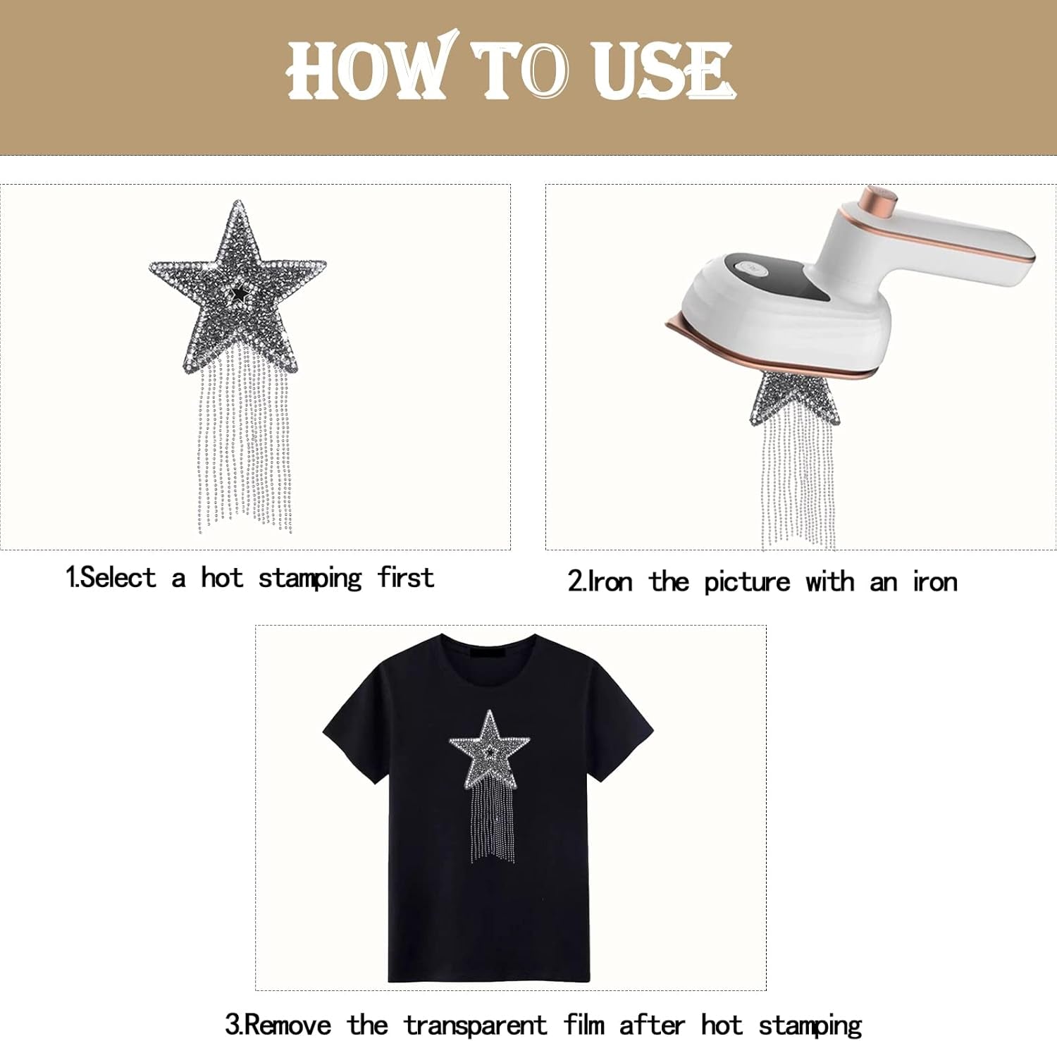 4Pcs 4 Mix Color Sparkling Rhinestone Five-Pointed Star Pattern Clothes Patches Iron on Fashion Appliques with Chains Tassel Badge DIY Repair Decorate Patch for Clothes Dress Jeans Hats Bags