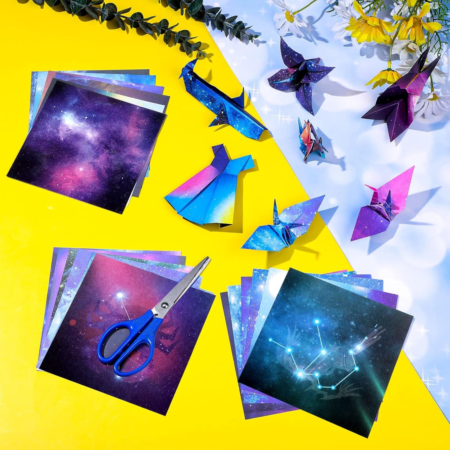 150 Sheets Double Sided Origami Paper Kit 6 X 6 Inch Beautiful Sky Scrapbook Paper Galaxy Outer Space Star Pattern Paper Easy Folding for Arts Crafts School Kids Teachers, 36 Designs (Vivid Style)
