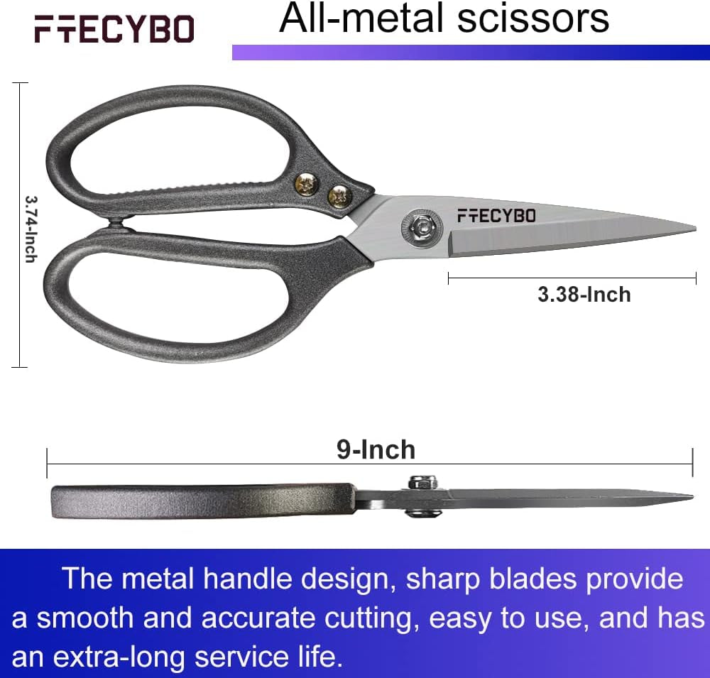 Heavy Duty Scissors 9'', All Purpose, Leather Scissors, Reinforced Stainless Steel Blades with Metal Handles for Home, Office, Easy Cutting Cardboard, Fabric, Carpet, Leather