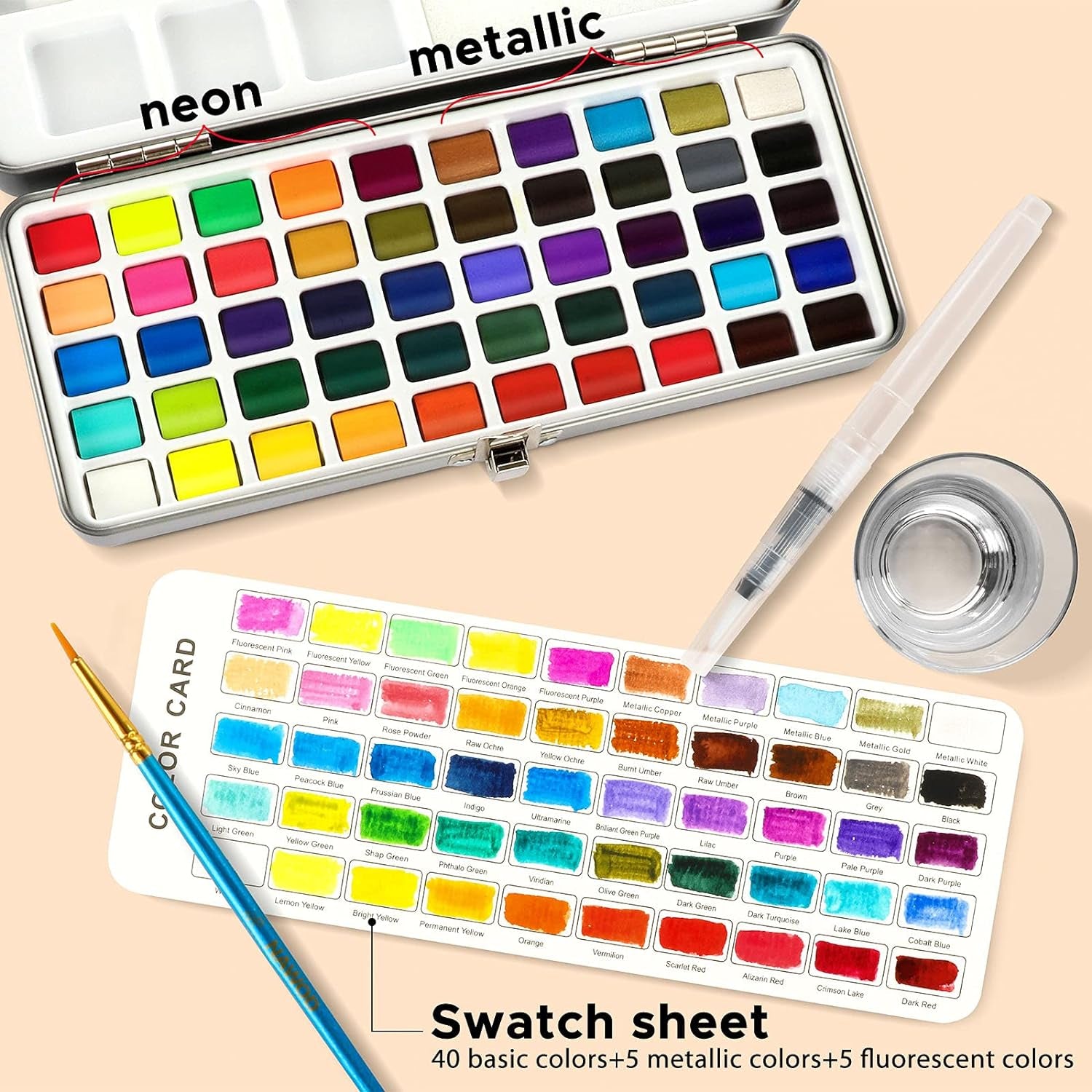 NAWOD Watercolor Paint Set, 50 Vivid Colors in Portable Box, Including Metallic and Fluorescent Colors, Watercolor Paper, Brushes. Ideal for Kids, Adults, Artists and Hobbyists, Perfect Starter Kit