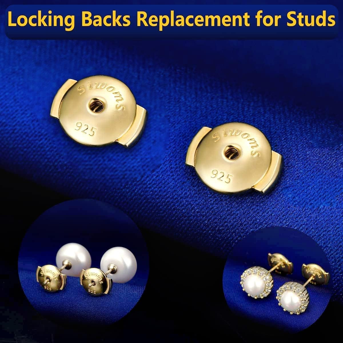 2-Pairs 14K Gold Locking Earring-Back Replacements for Studs, Hypoallergenic 925 Silver Secure Backings (No Fading, Comfort)
