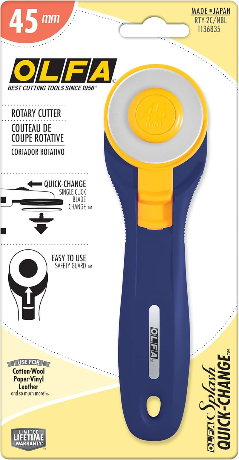 45Mm Quick-Change Rotary Cutter (RTY-2C/NBL) - Rotary Fabric Cutter W/ Blade Cover for Crafts, Sewing, Quilting, Replacement Blade:  RB45-1 (Navy)