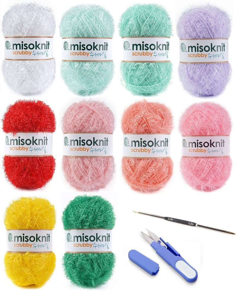 Pastel Scrubby Yarn for Dishcloths Crocheting 10 Skeins Package (Type B) - Polyester 100%, 1.4Oz(40G) Each, 98 Yards per Skein