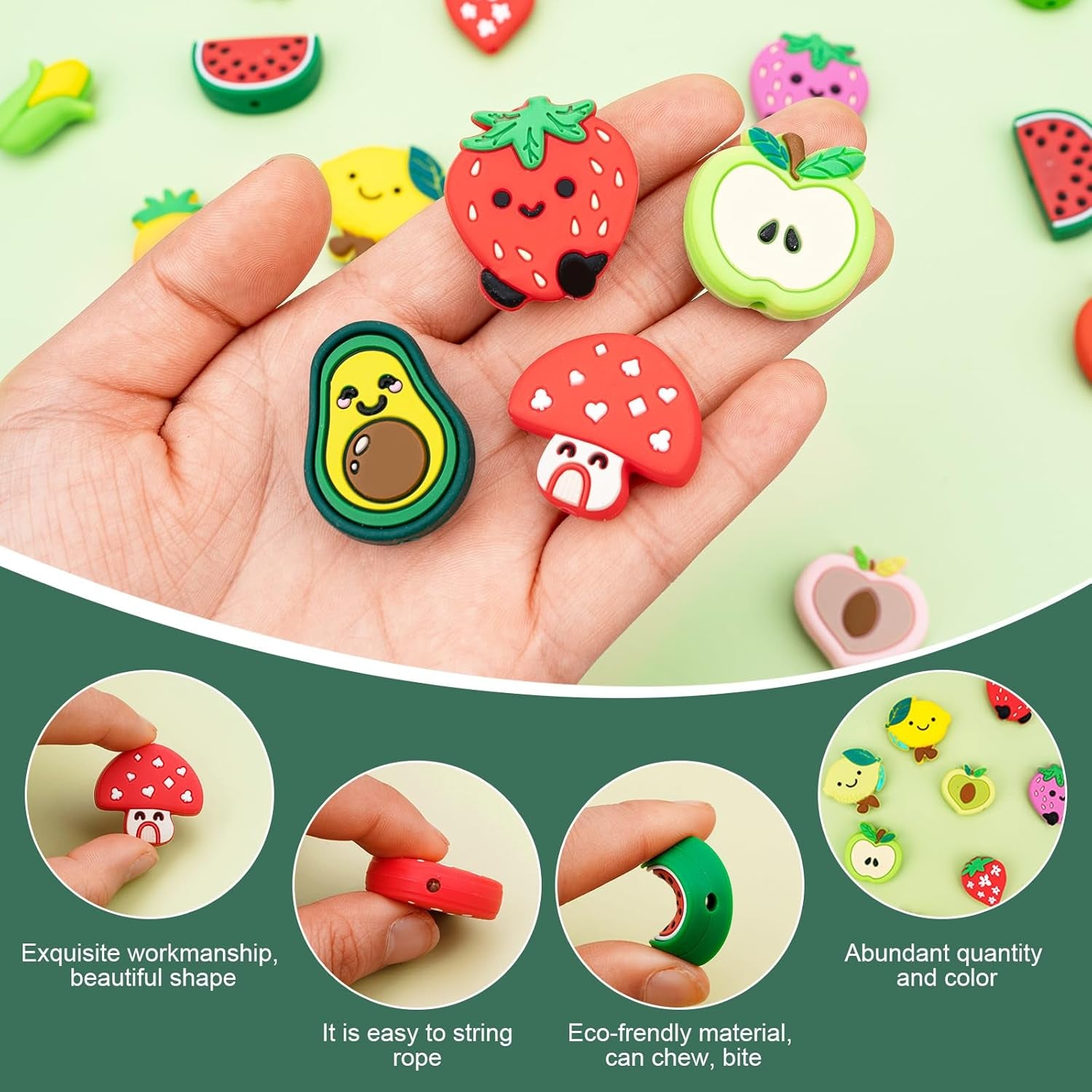 Silicone Focal Beads for Pens Characters Silicone Accessory Kit 18 Pcs Colorful Fruit Silicone Beads for Keychain Making Bracelet Necklace Handmade Crafts