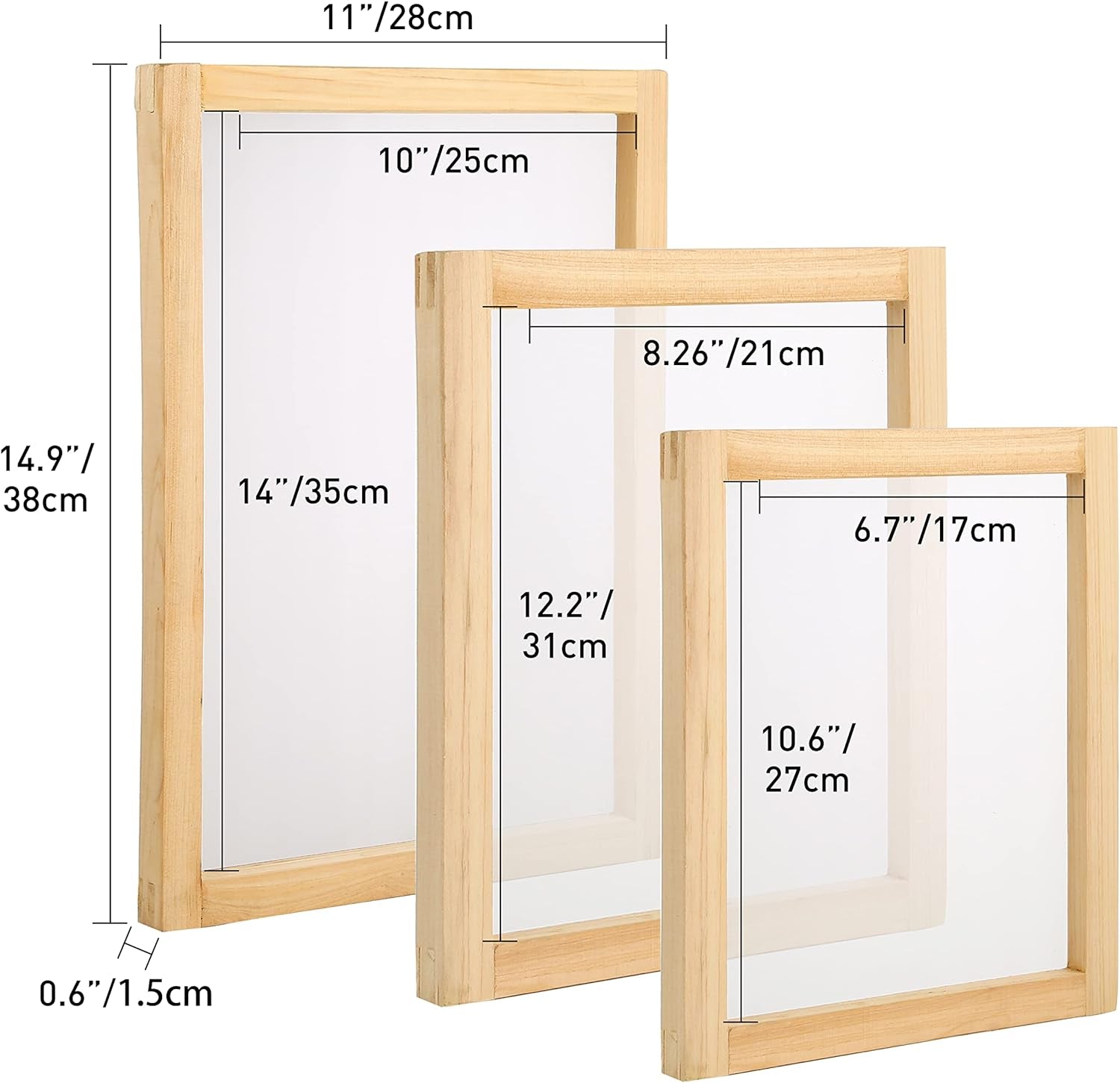 24 Pieces Screen Printing Starter Kit Include 3 Different Size of Wood Silk Screen Printing Frame with Mesh, Screen Printing Squeegees, Scraper, Inkjet Transparency Film, Gloves, and Mask Tape