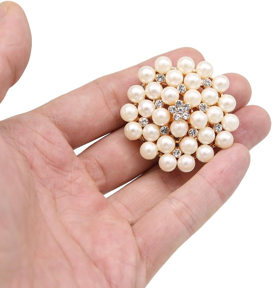 Lot 9Pcs Rose Gold-Tone Rhinestone Brooches, Big Pearl Crystal Wedding Bouquet Kit Set