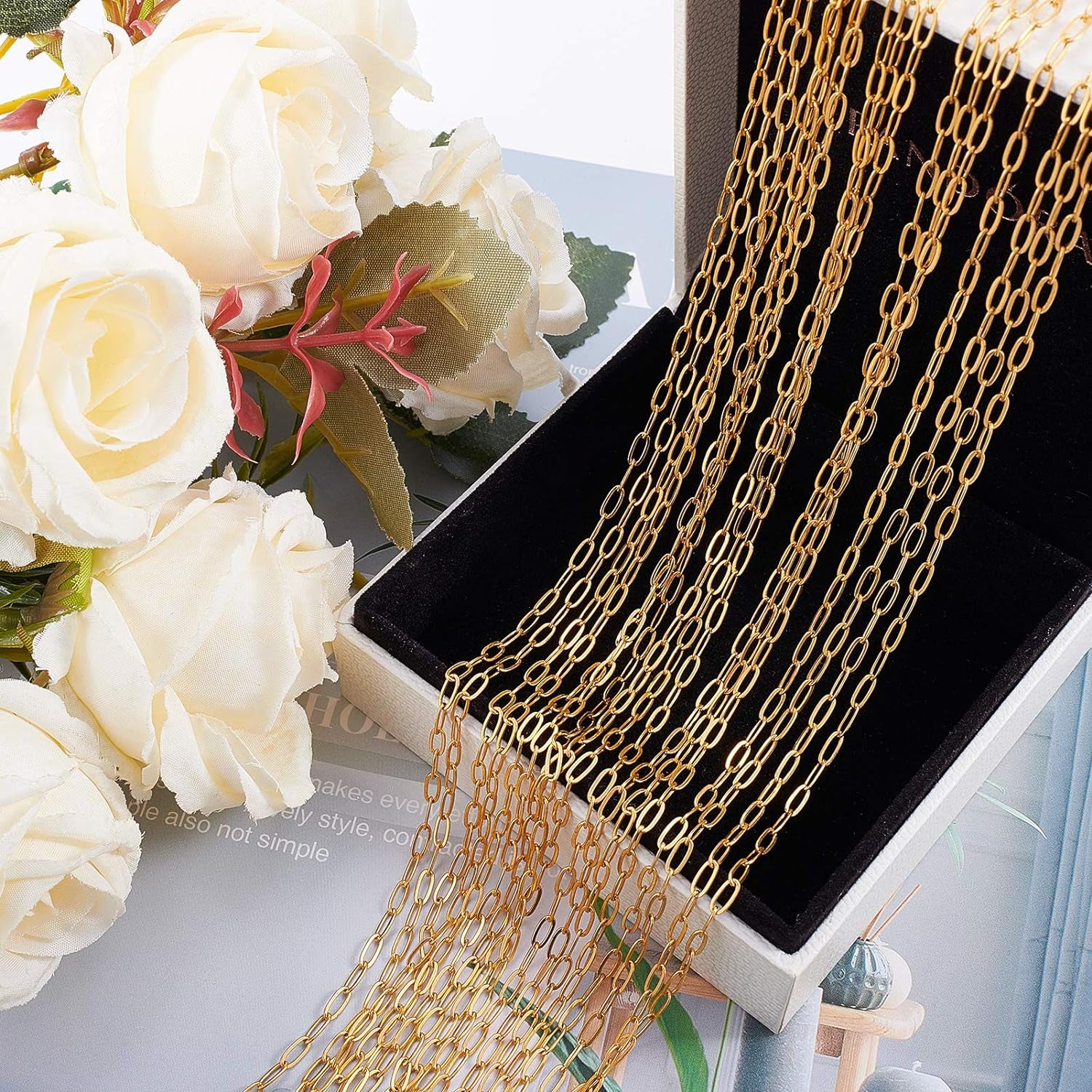 32Feet Gold Paperclip Chains Link Spool Bulk Necklace Length 7.6Mm Width 2.6Mm for Women Jewelry Necklace Bracelet Pendant Making, Golden
