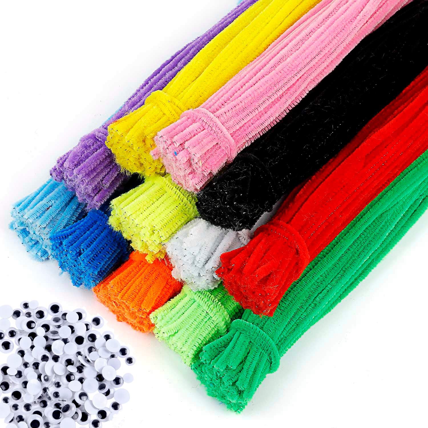 1300-Piece Arts & Craft Supply Set | Includes 1200 Chenille Pipe Cleaner Stems in 12 Colors & 100 Googly Eyes | Ideal for Use at Home & School for DIY Art & Craft Projects, Decoration & More