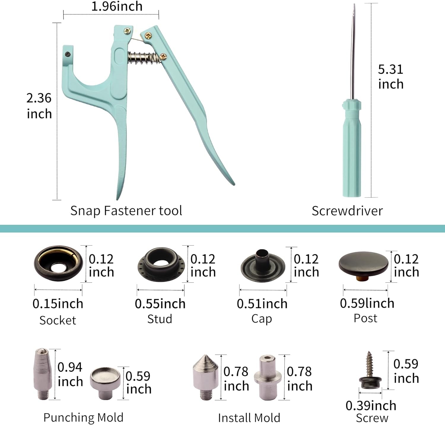 Heavy Duty Snap Fastener Tool Kit， 60 Pcs Canvas Snap Kit,Snap Fasteners Kit 15Mm Stainless Steel Snaps Marine Grade Boat Canvas Snaps for Clothing Leather Boat Cover Fabric………