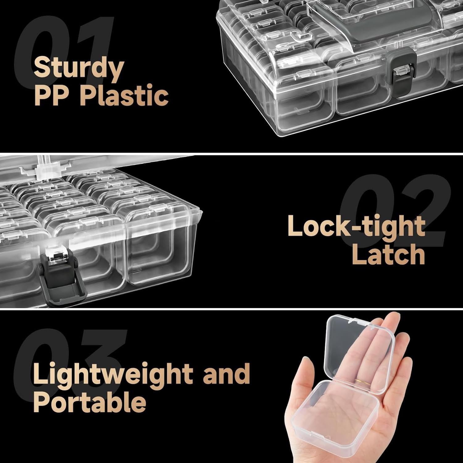 Small Bead Organizers with Handle, 24 Pcs Plastic Storage Cases, Mini Clear Craft Containers with Hinged Lid and Label Small Parts Storage Boxes for DIY Art Craft Accessories