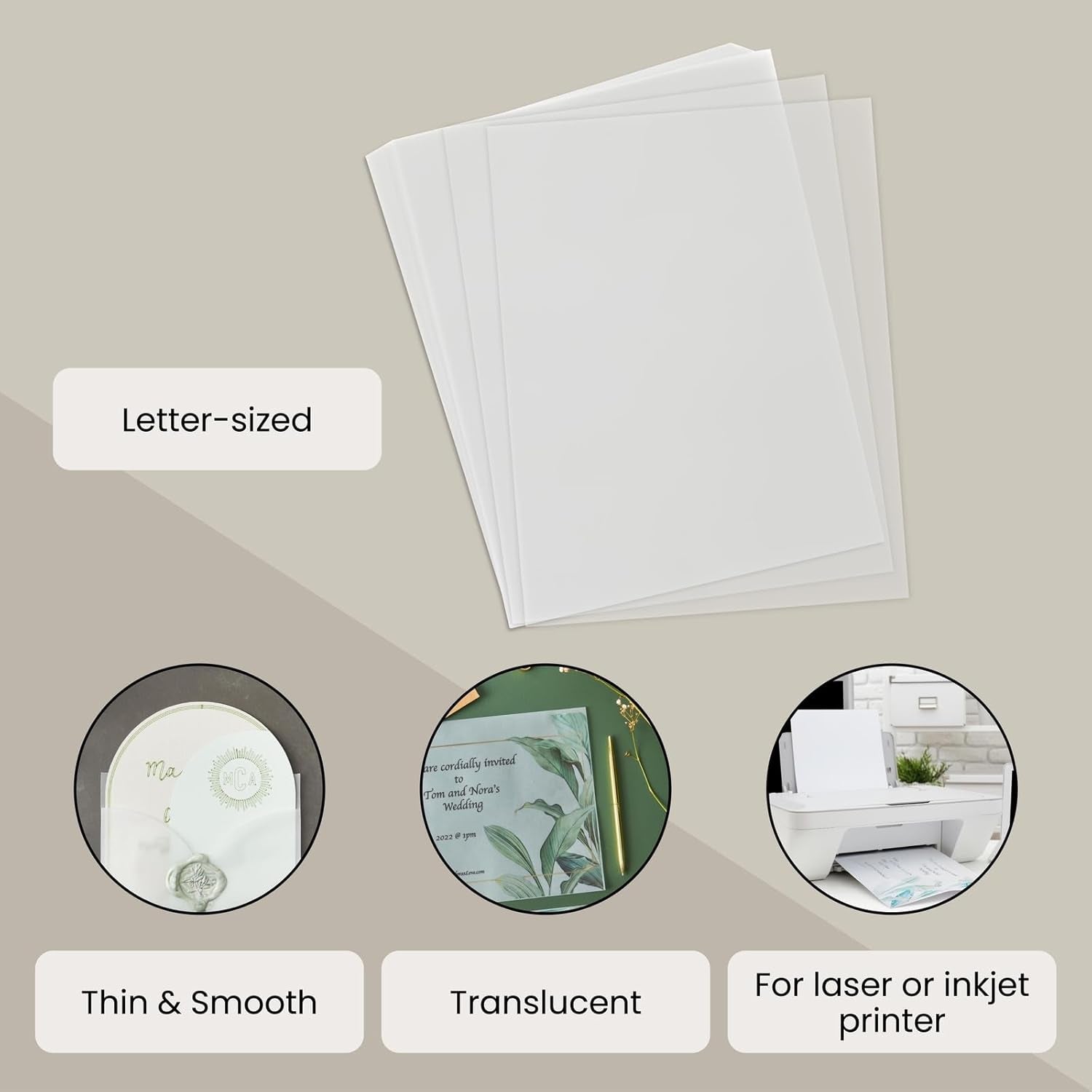 100 Sheets 8.5 X 11 in Translucent Vellum Paper - 93Gsm/63Lb Printable Tracing Paper for Invitation, Sketching & Card Overlays - Tracing Paper for Printer - Vellum Paper for Invitations