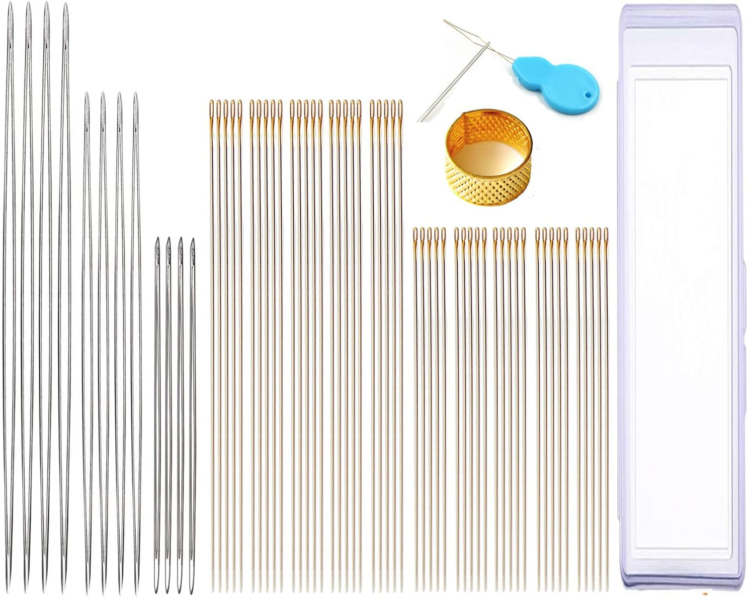 62 Pcs Assorted Beading Needles Including 12 Pcs Big Eye Beading Needles + 50 Pcs Extra Thin Golden Eye Beading Thread Needles with Storage Box, Golden, Silvery (BD-12-50)