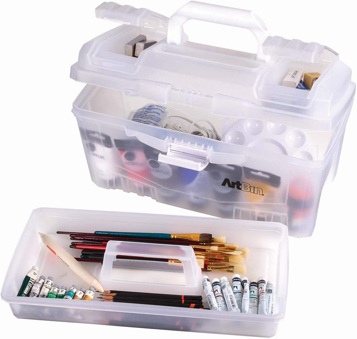 6918AH Twin Top 17 Inch Supply Box, Portable Art &amp; Craft Supply Organizer with Handle, [1] Plastic Storage Case, Translucent