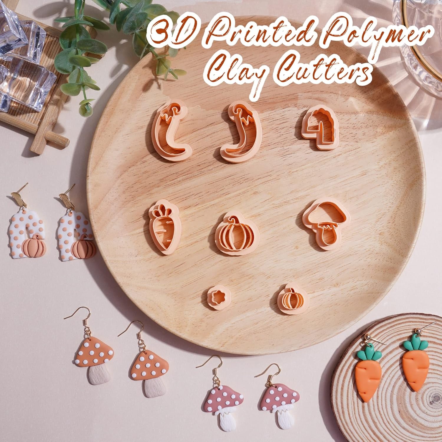 Pumpkin Polymer Clay Cutters - 8 Shapes Clay Cutters for Earrings, Cute Mushroom Shape Clay Cutters for Polymer Clay Jewelry Making, 3D Print Carrot Pepper Clay Earrings Cutters Set