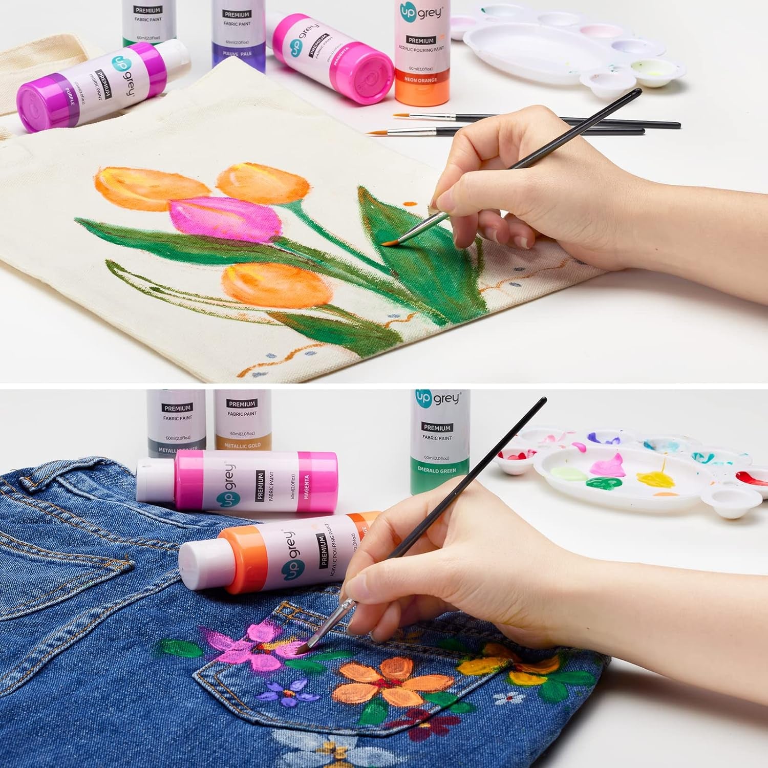 Fabric Paint Set for Clothes, 20 Colors(60Ml/2Oz Each) Permanent Textile Paint with 6 Brushes, 1 Palette, Washable Fabric Paint, Art Supplies for Clothes, Canvas, T-Shirts, Jeans, Bags, DIY Projects