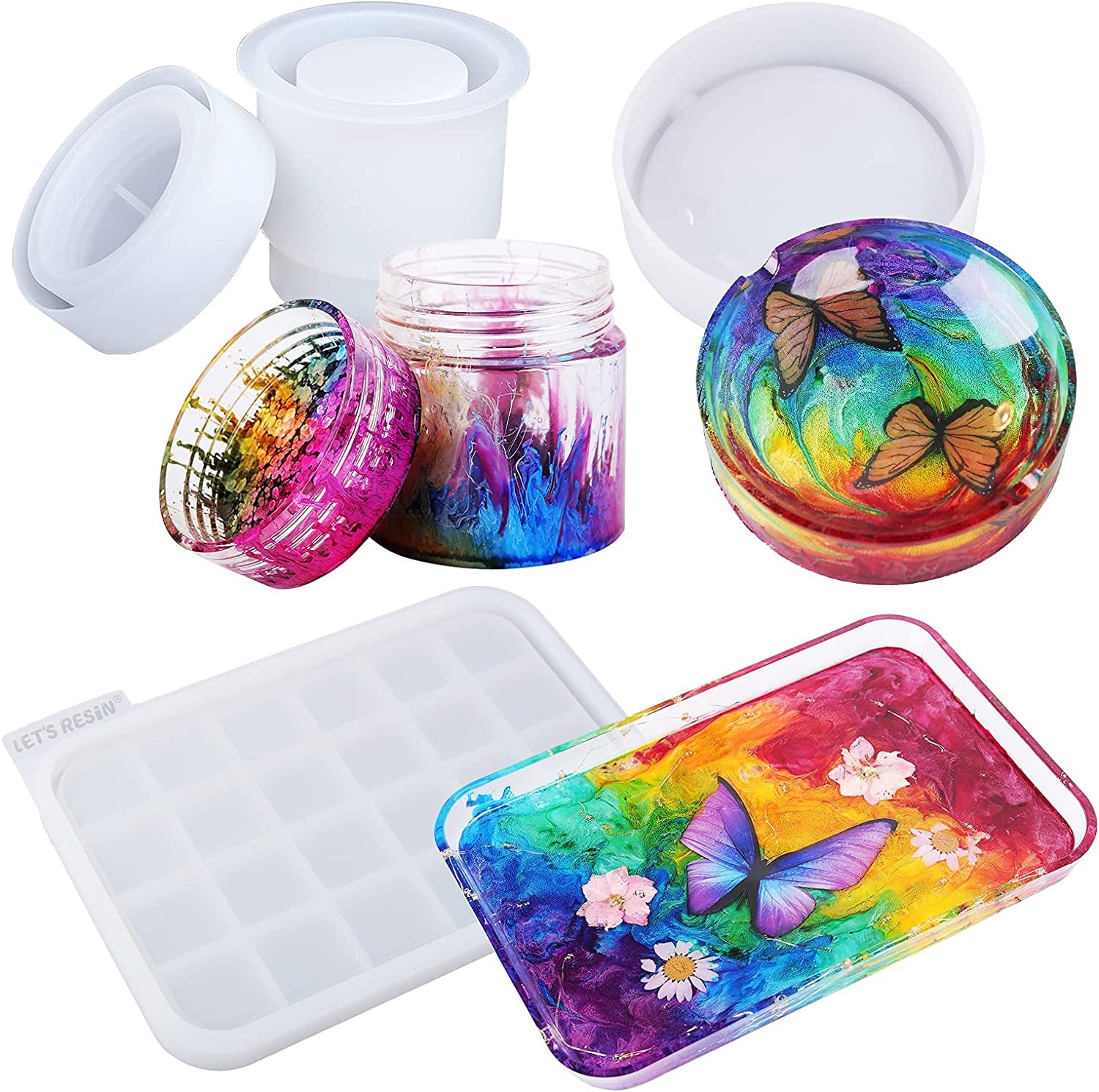 Resin Mold Silicone Kit with Resin Rolling Tray Mold, Ashtray Resin Jar Mold with Lid for Casting Resin,Epoxy Resin,Diy Storage Container
