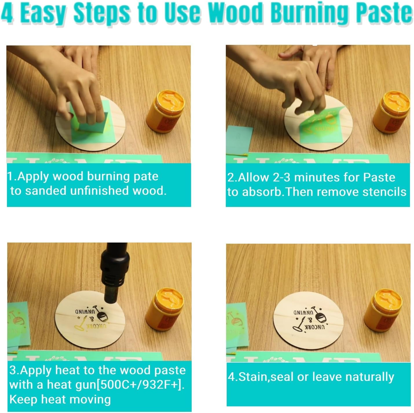 Wood Burning Paste Wood Burning Gel for Heat Gun Heat Activated Paste for Craft Chalk Paste for Wood Burning Etching Marker Stencil Wood Working Tools and Accessories on Wood,Canvas,Denim 4 OZ