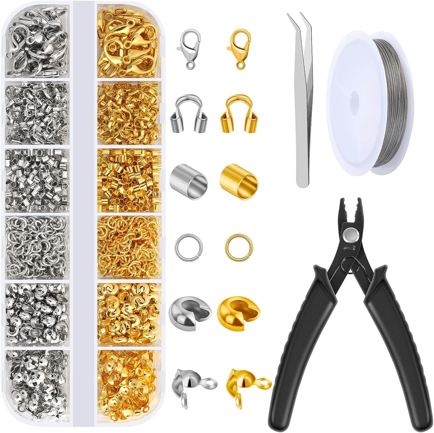 1200 Pcs Crimp Beads Kit for Jewelry Making,  Crimp Beads, Crimp Covers, Crimp Tubes and Wire Guardians, Lobster Clasps, Jump Rings, Crimping Pliers and Beading Wire for Jewelry Making