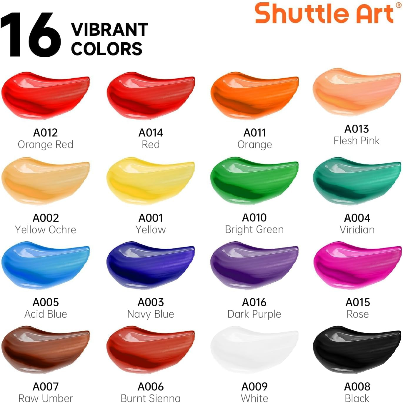 Acrylic Paint Set, 16 X12Ml Tubes Artist Quality Non Toxic Rich Pigments Colors Great for Kids Adults Professional Painting on Canvas Wood Clay Fabric Ceramic Crafts