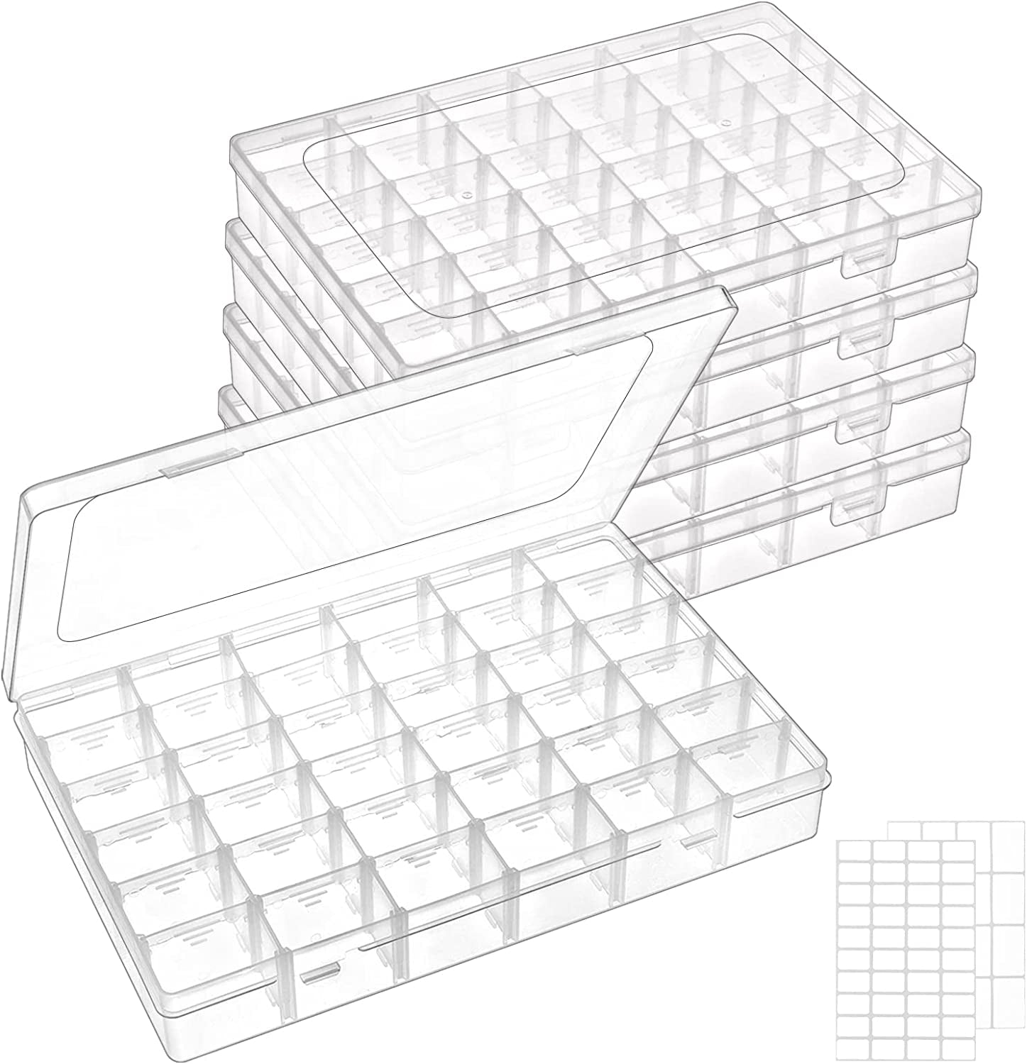 5 Pack 36 Grids Clear Plastic Organizer Storage Box Container, Craft Storage with Adjustable Dividers for Beads, Art DIY, Crafts, Jewelry, Fishing Tackle with Label Stickers