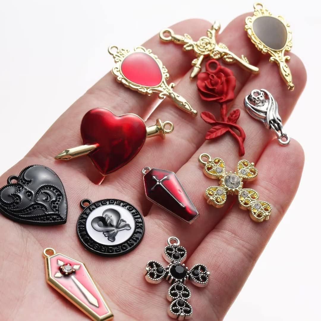 Baroque 64Pcs Assorted Gold Black Red Rose Skull Enamel Charms Coffin Cross Halloween Charm Pendant DIY for Earrings Necklace Bracelet Jewelry Making and Crafting