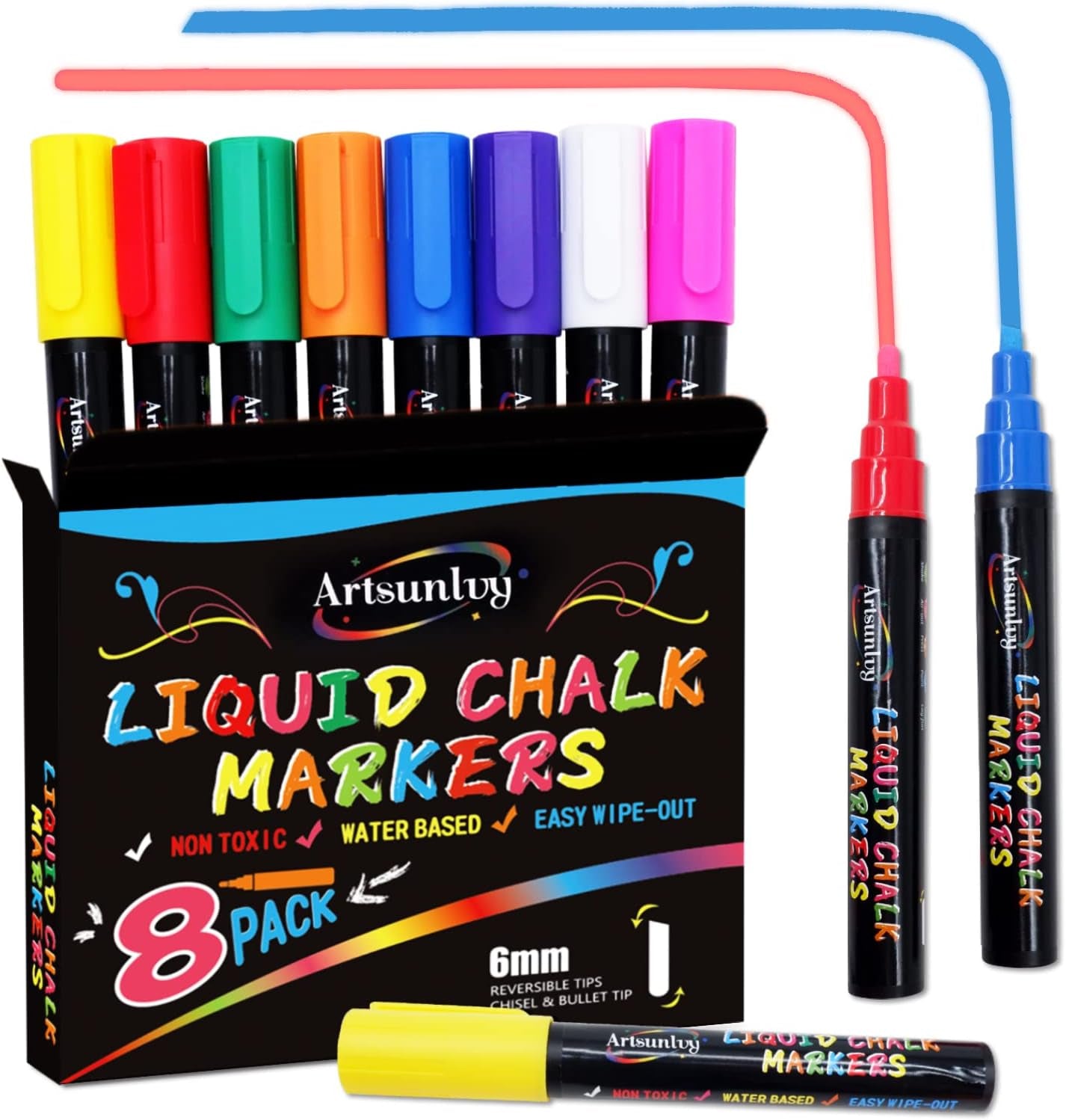 8 Colors Chalk Markers,Chalk Pens,Erasable, Non-Toxic, Water-Based, Reversible Tips, Chalkboard Markers For,Signs, Car Windows, Blackboard,Dry Erase