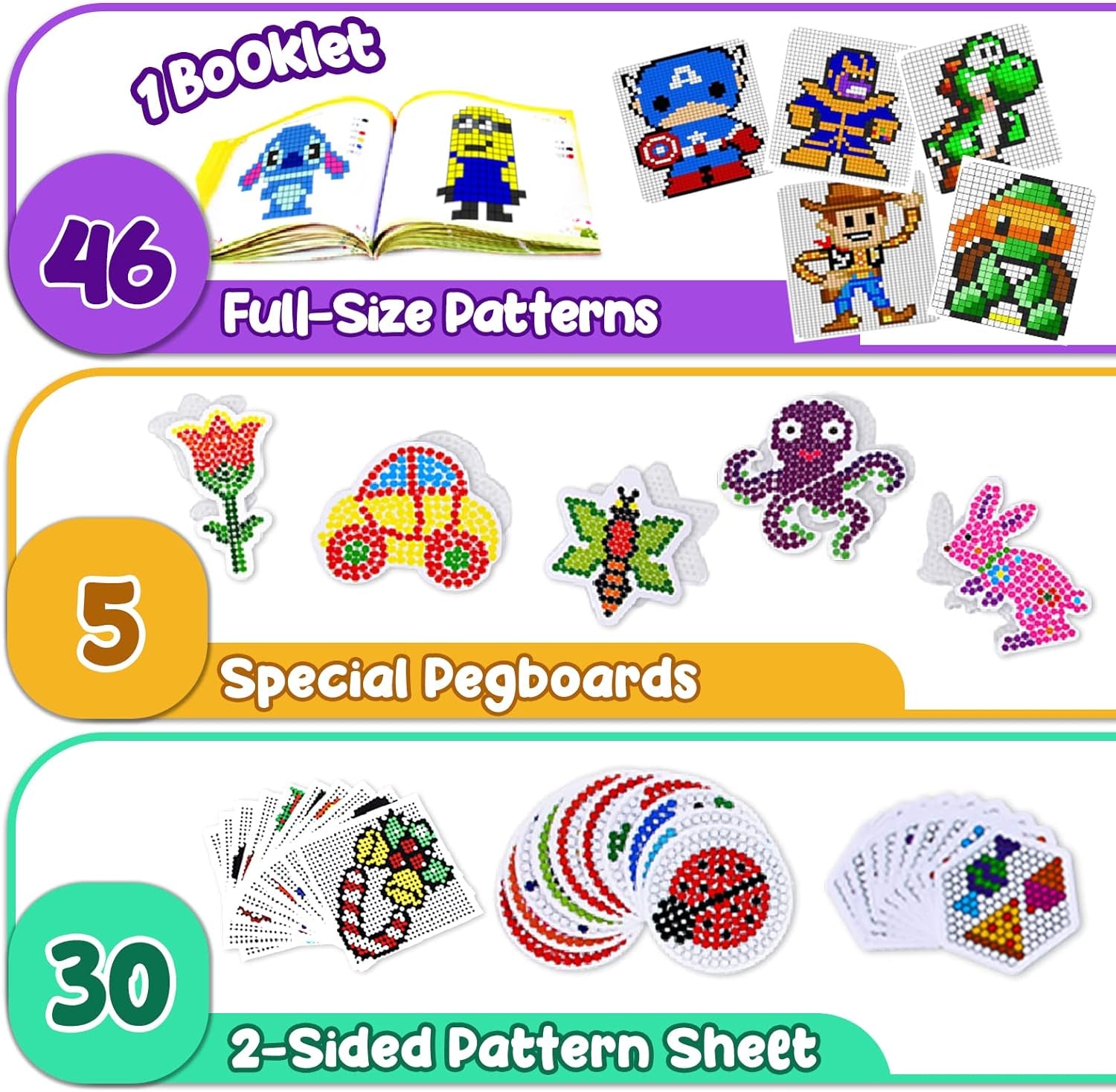 Board Fuse Beads Iron Set - Fuse Beads Set for Kids Crafts with Bead Pegboard and Aqua Pony Beads, Pixel Art and Craft Bead Kit (Large Set with Iron)