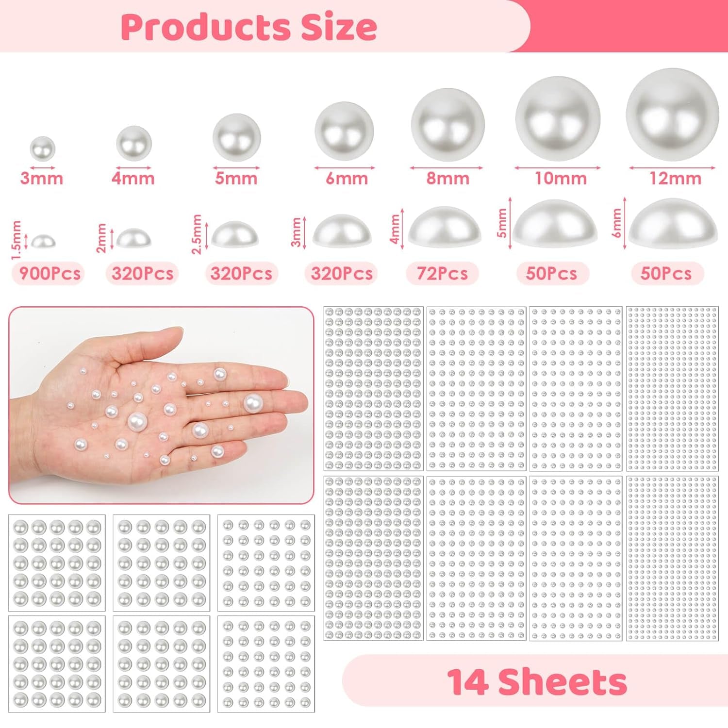 7 Sizes Self Adhesive Ivory White Hair Pearl Stickers,  2032 Pieces Stick on Pearls Gems for Hair, Face, Makeup, Eye, Crafts, Wedding