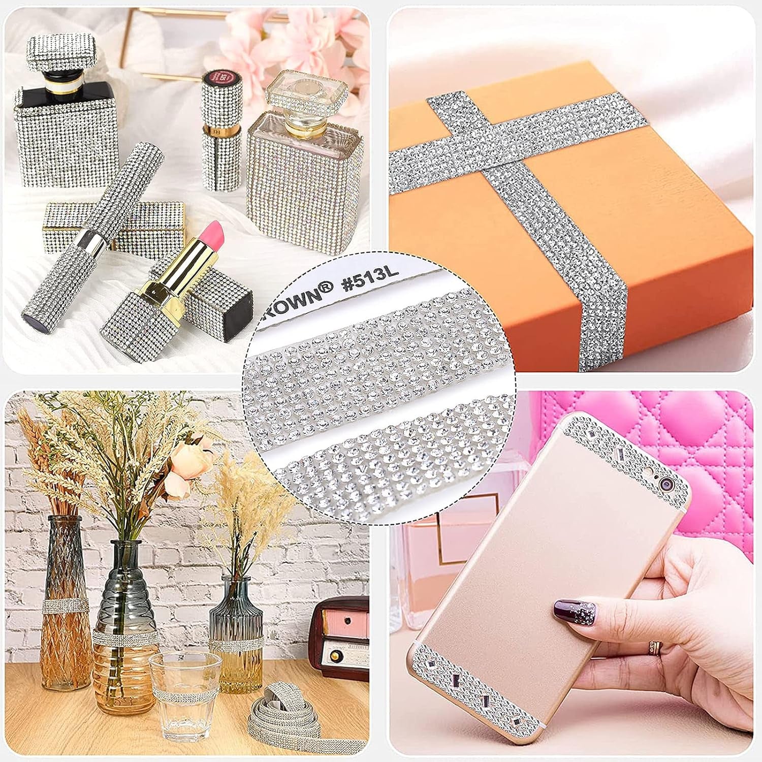 10 Rolls Self Adhesive Rhinestone Ribbon Crystal Diamond Sticker Bling Ribbon DIY Decoration with 2 Mm Rhinestones for DIY Arts Crafts,Wedding Party Decor,Car Phone Decoration.(Each Roll 1 Yard)