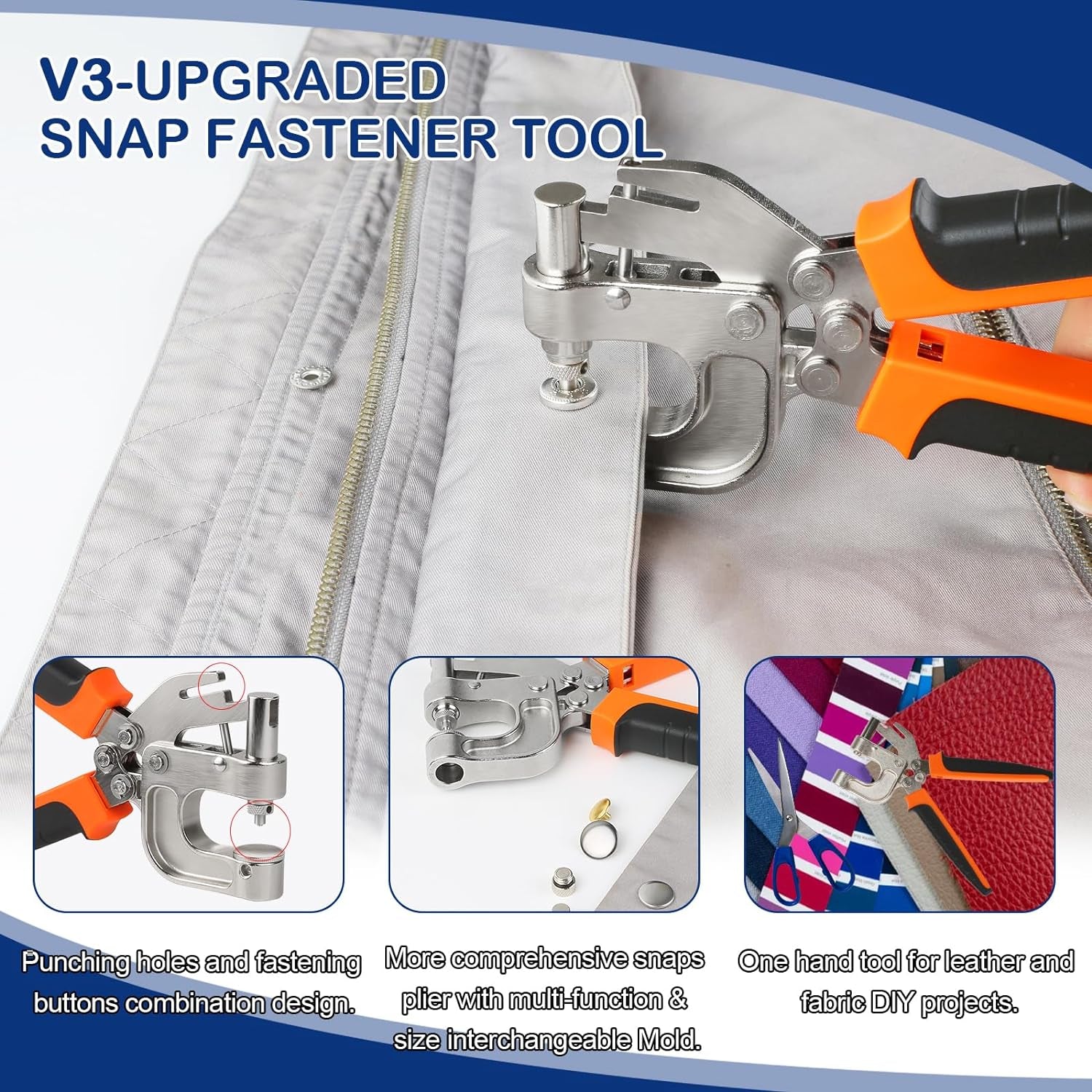 Leather Snap Fasteners Kit, , Leather Snap Buttons Press Pliers with 90 Sets Leather Snaps Buttons, 3Colors 12.5/15/17Mm Snaps for Leather, Clothes, Jackets, DIY Projects