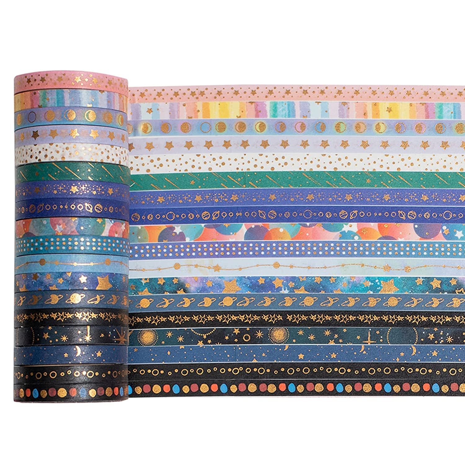 Skinny Galaxy Washi Tape Set 30 Rolls Gold Foil Decorative Starry Space Masking Tapes for Arts, DIY Crafts, Journals, Planners, Scrapbook, Wrapping