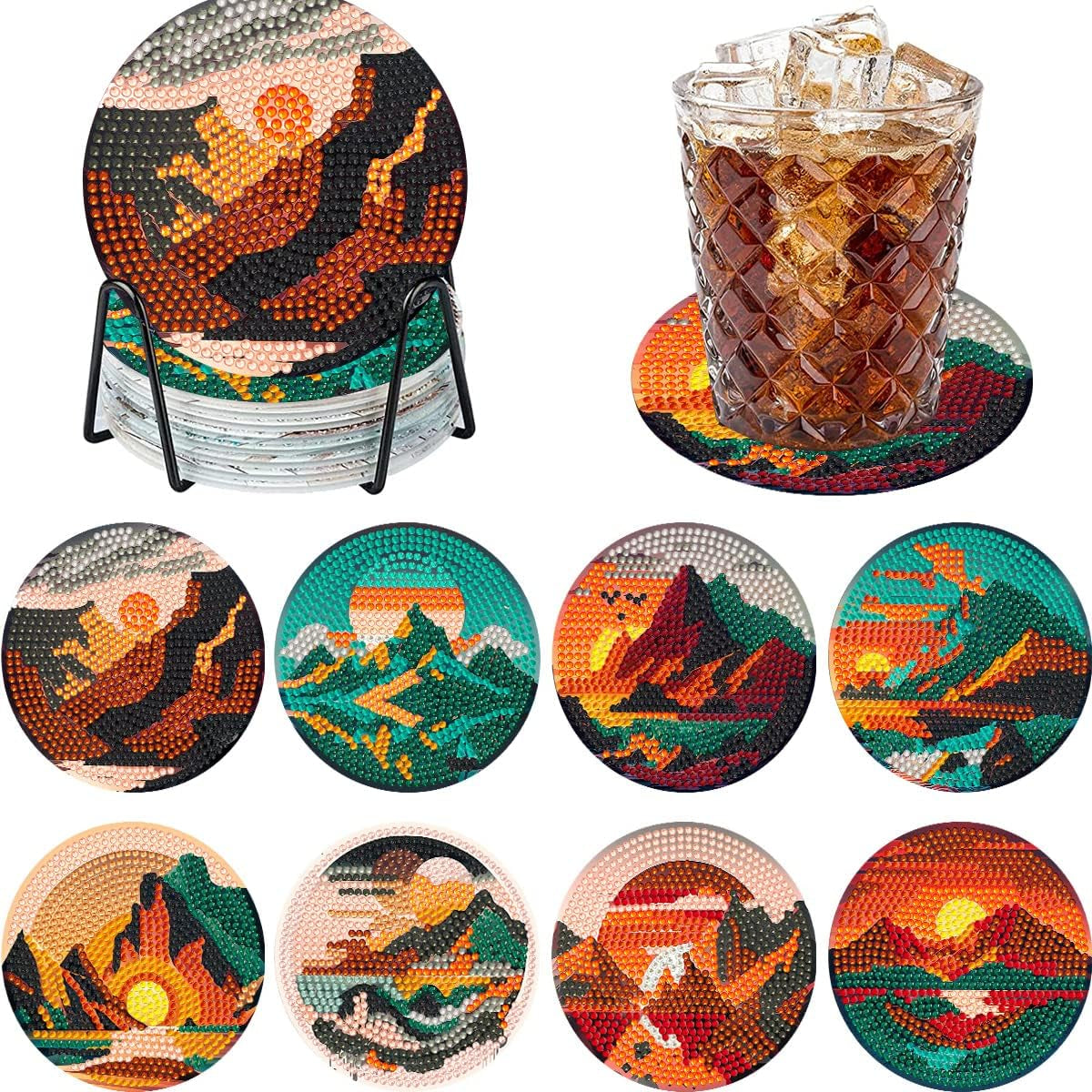 8Pcs Diamond Painting Coasters with Holder,Diy Halloween Life Coaster Diamond Art Kits for Adults Kids,Beginners round Full Drill Diamond Art Craft Supplies