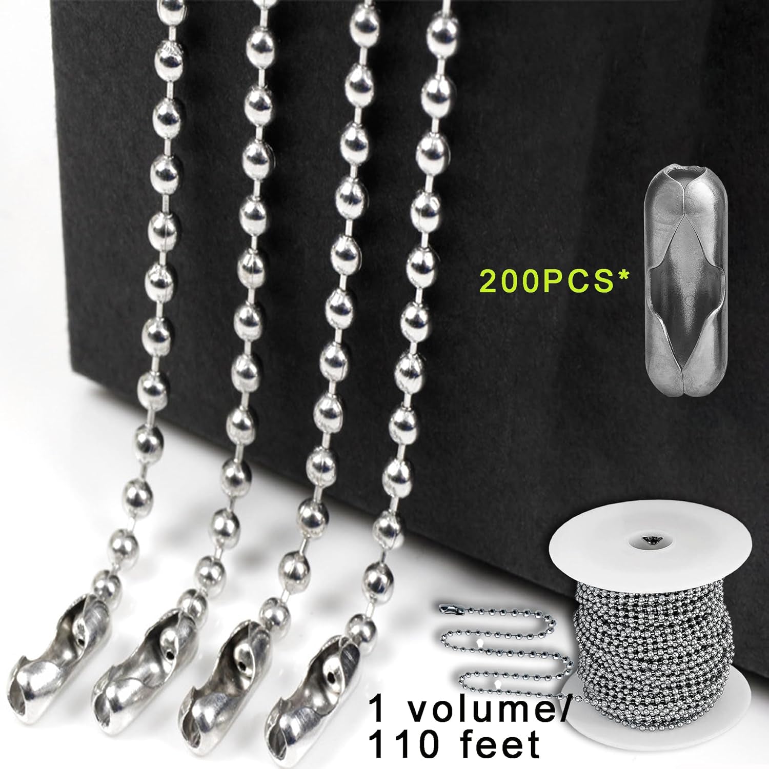 2.0Mm Ball Bead Chain, Extra Long 110Ft Stainless Steel Necklace Chains,Dog Tag Chain with 200 Connectors Clasps for Jewelry Chain DIY Craft Making,Men Military Keychain Jewelry Making Supplies