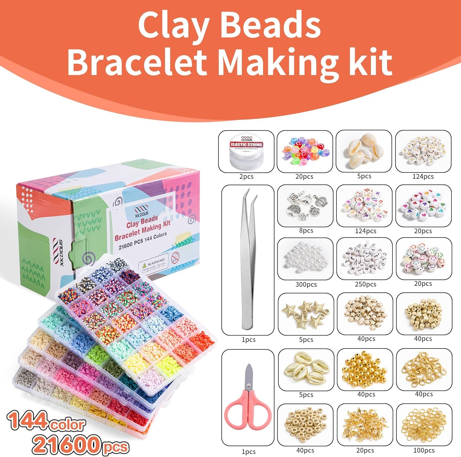 21600 Pcs Clay Beads Bracelet Making Kit, 144 Colors 6 Boxes Polymer Heishi Clay Beads for Jewelry Making, Flat round Beads with Letter Beads Charms Elastic String Gifts for Kids Ages 6+
