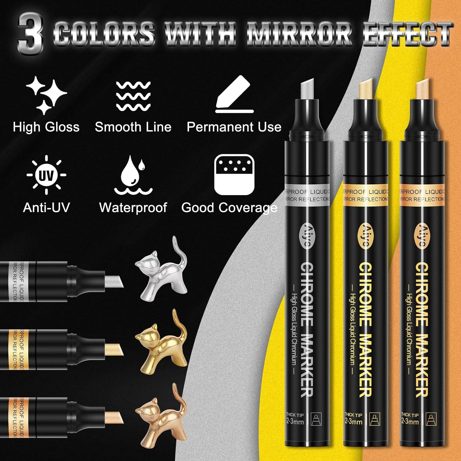 Mirror Chrome Markers 4 PACK, 3 Colors Permanent Metallic Markers & 1 Clean Pen, 2-5Mm Large Application Area, High Gloss, Waterproof, Chrome Paint Marker for Crafts, DIY, Painting