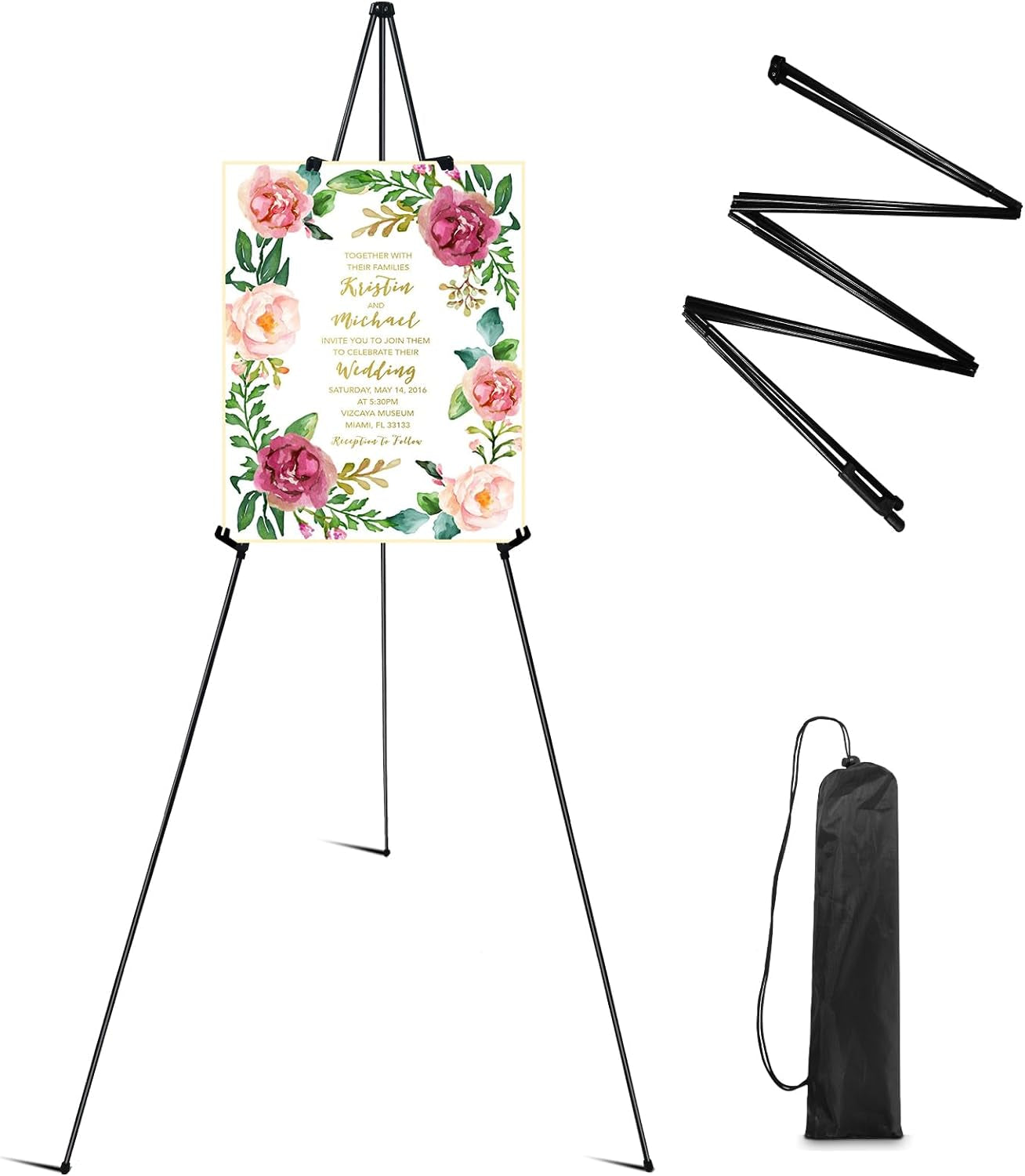 Easel Stand for Wedding Sign & Poster 63'' Easels for Display Portable Art Easels for Floor Adjustable Metal Easel Black