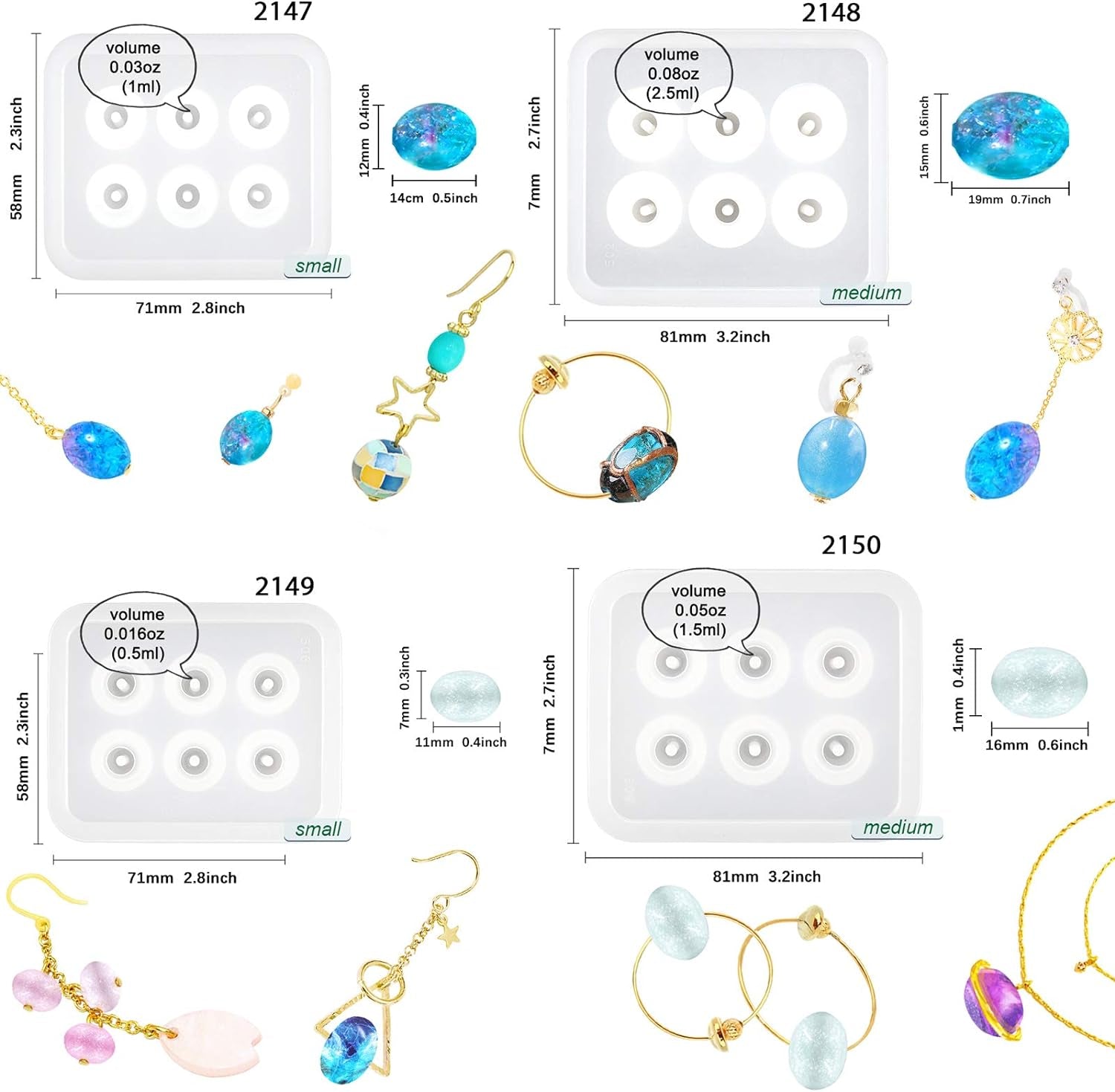 Beads Resin Molds with Hole for Gemstone Cabochon Jewelry Casting 14-Count