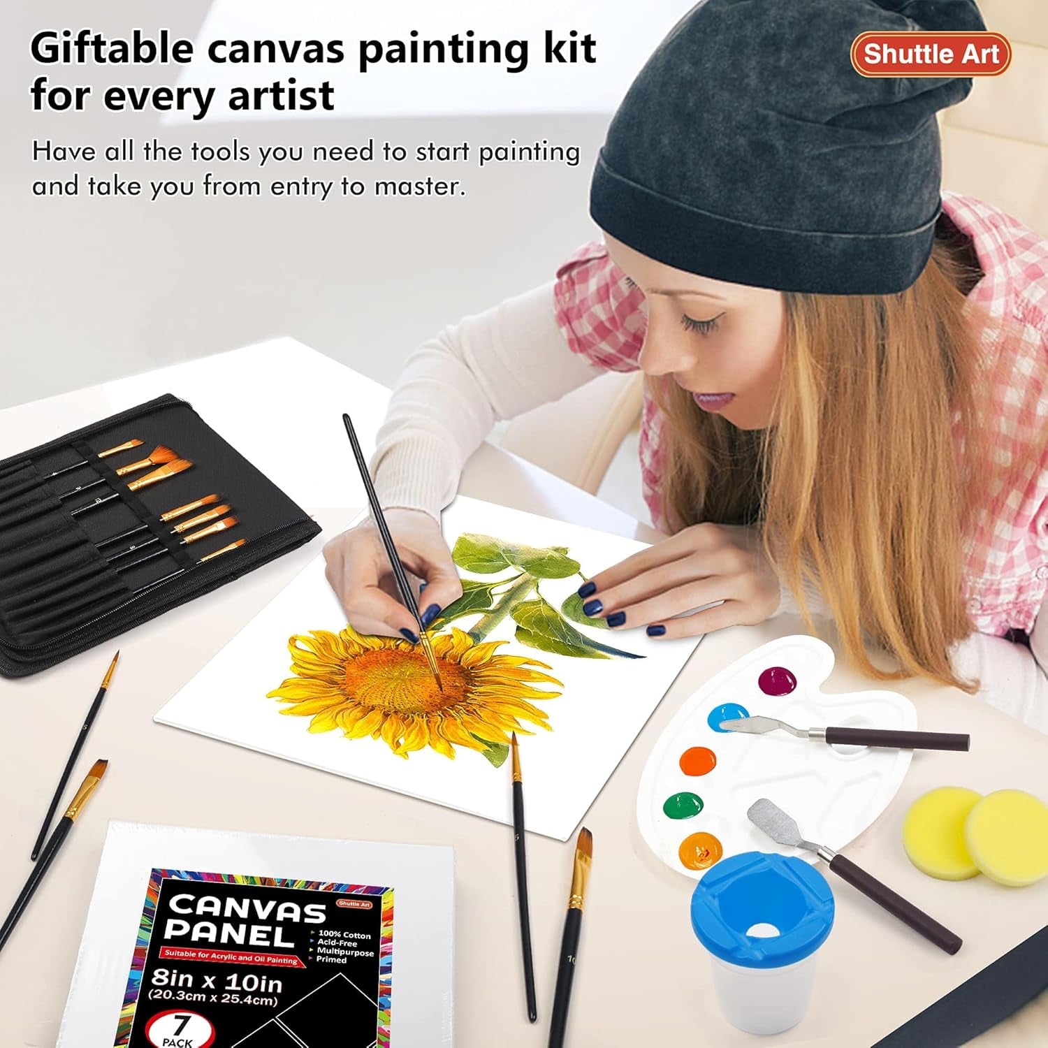 50 Pack Canvas Painting Kit,  Painting Supplies with 28 Multi Sizes Canvas Boards for Painting and 22 Tools Including Paint Brushes, Palette, Painting Knives for Acrylic, Oil, Gouache Paint