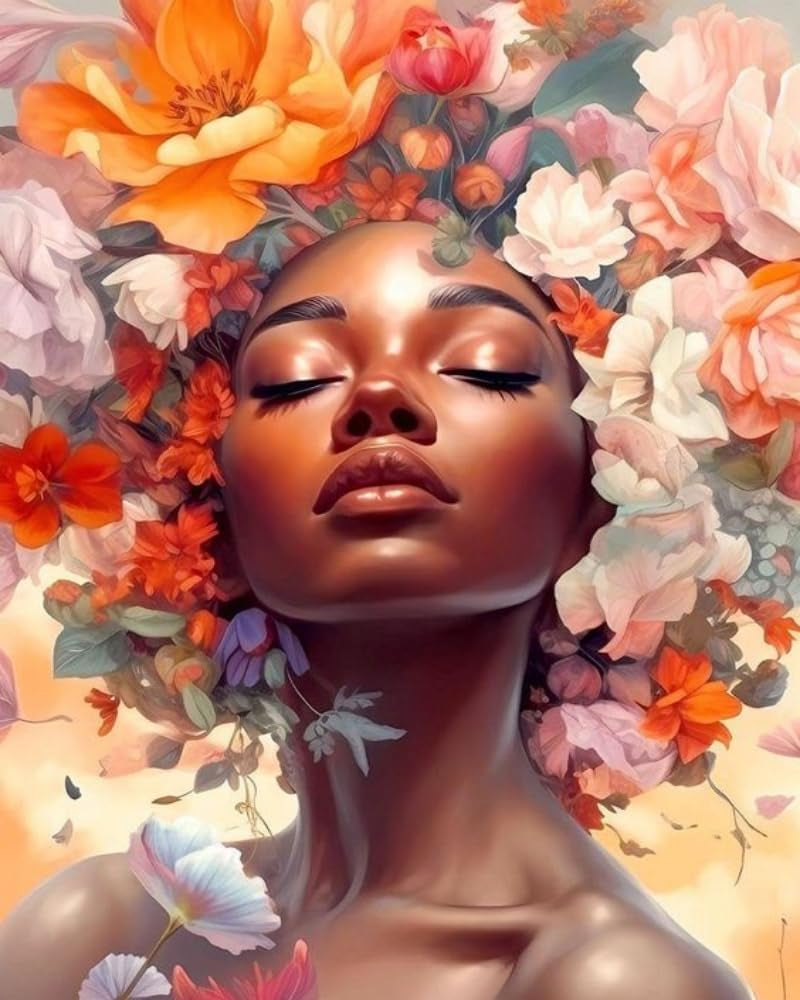 DIY African Woman Paint by Numbers for Adults Canvas, Flowers and Girl Paint by Number Kits on Canvas - Frameless Oil Painting Kits Arts and Crafts for Home Decor Present 16X20 Inch