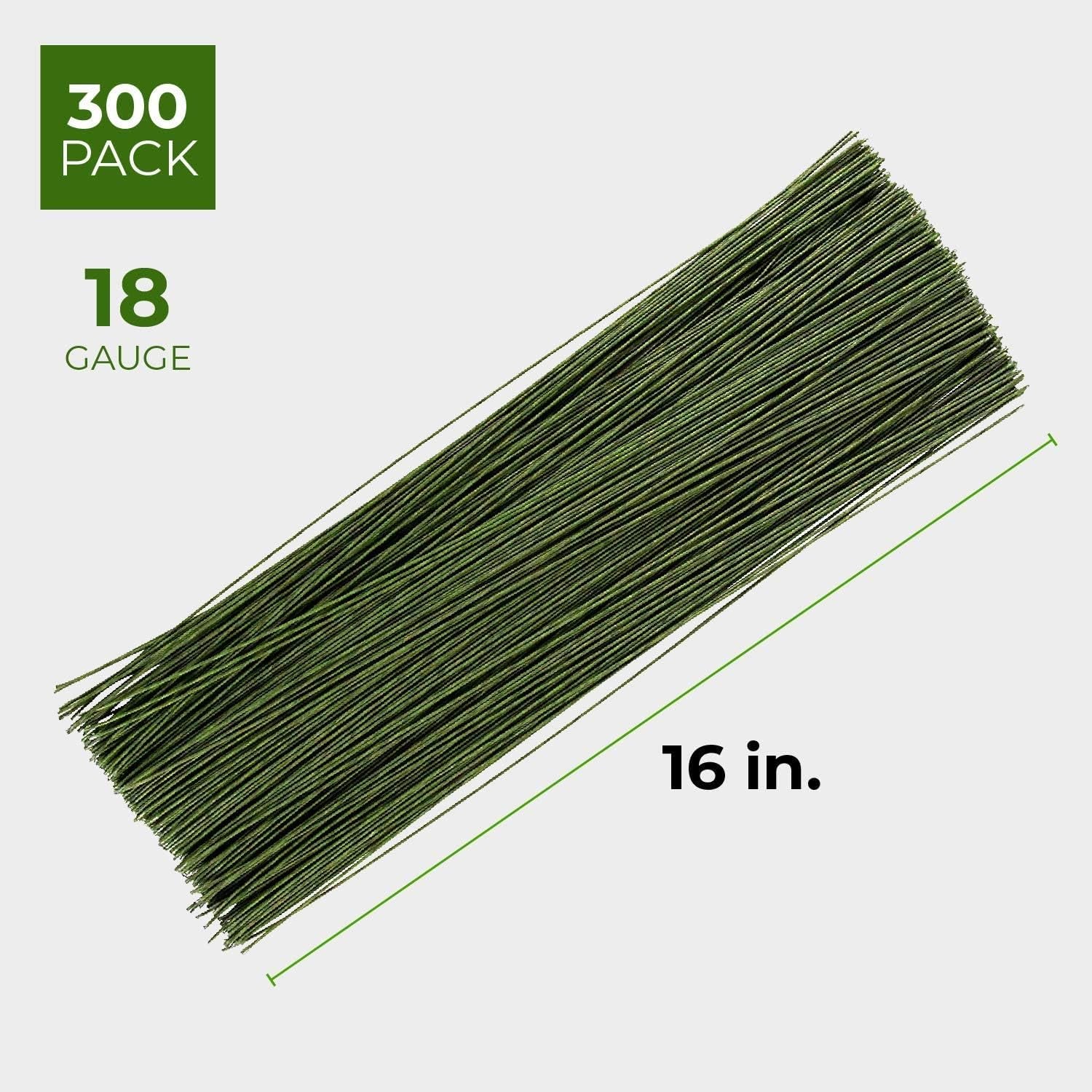 300 Pieces Green 18 Gauge Floral Wire Stems for DIY Crafts, Artificial Flower Arrangements (16 In)